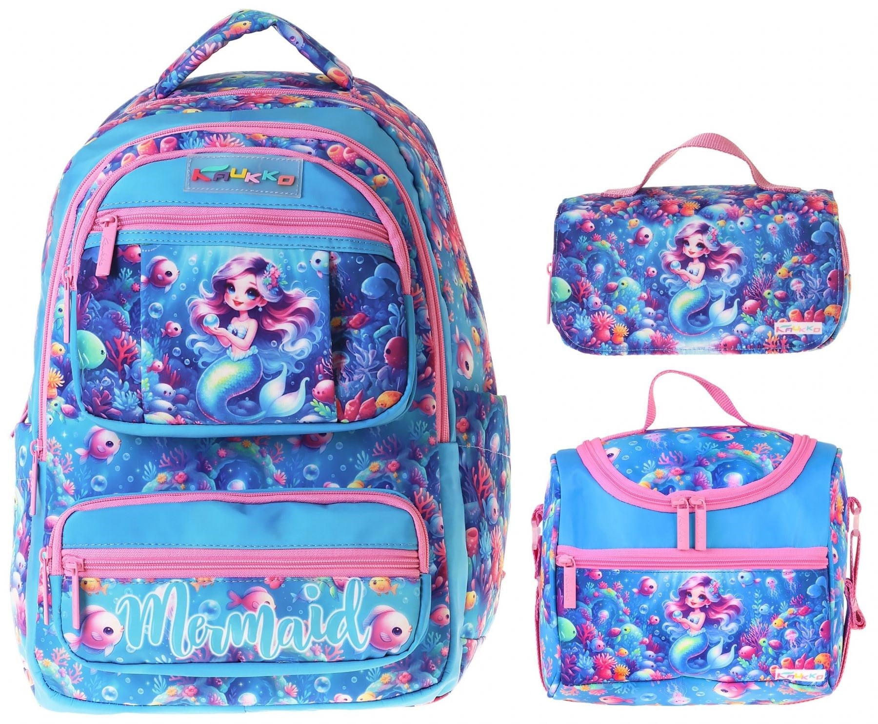 Kaukko Kids Coral(Pembe - Mavi Renk) Kız Çocuk Üçlü İlkokul Okul Çantası Seti/Takımı - SETKK-L5323A