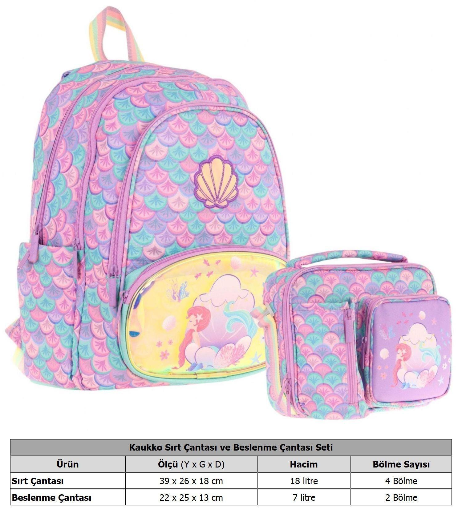 Kaukko Kids Denizkızı Nakışlı ve Baskılı Okul Çantası (L5225) ve Thermo Beslenme Çantası (L7225) Seti - Kız Çocuk