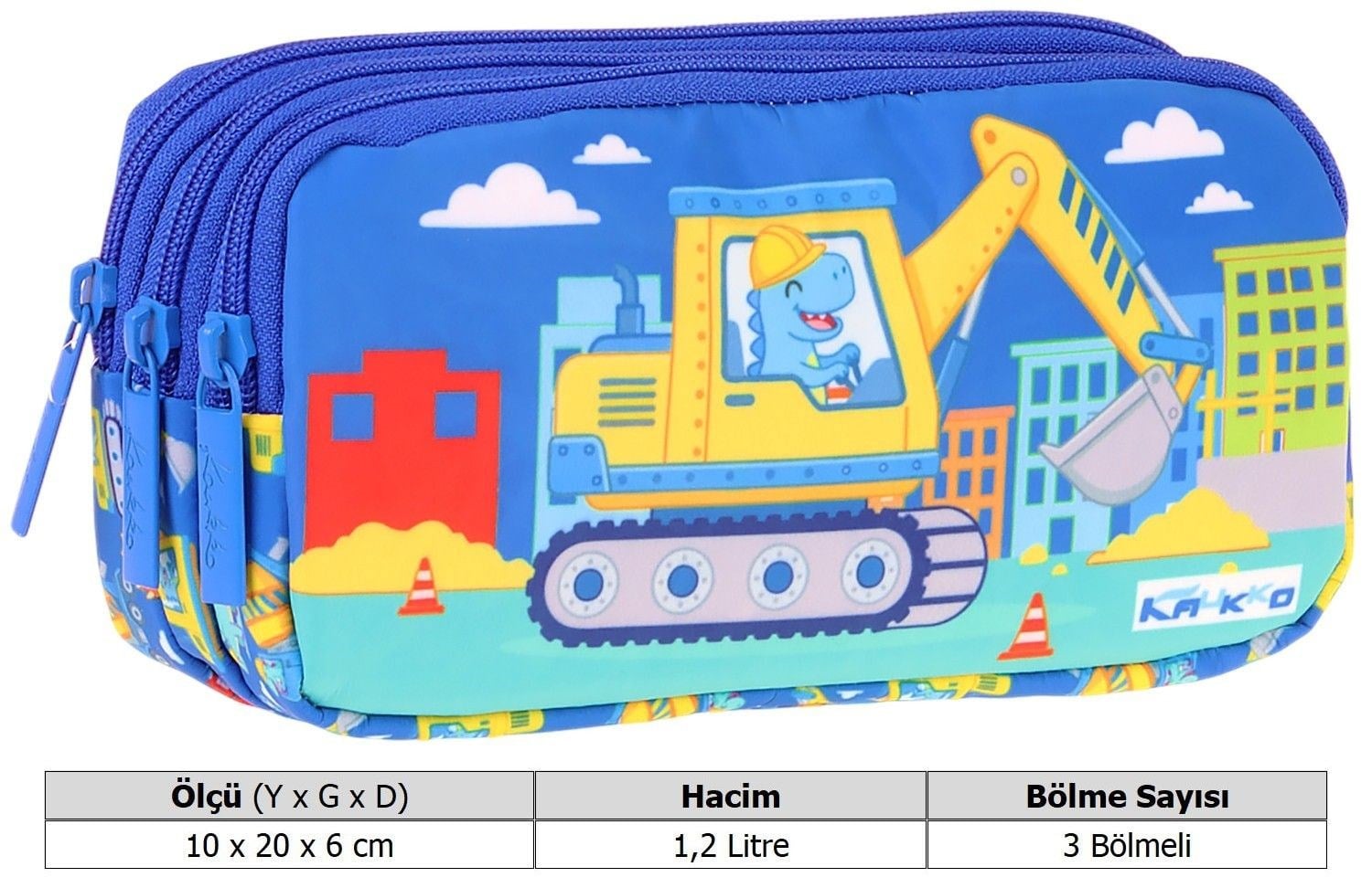 Kaukko Kids Dinazor ve İş Makinesi Baskılı Mavi - Sarı Erkek Çocuk Okul Kalemliği Kalem Çantası - L5371