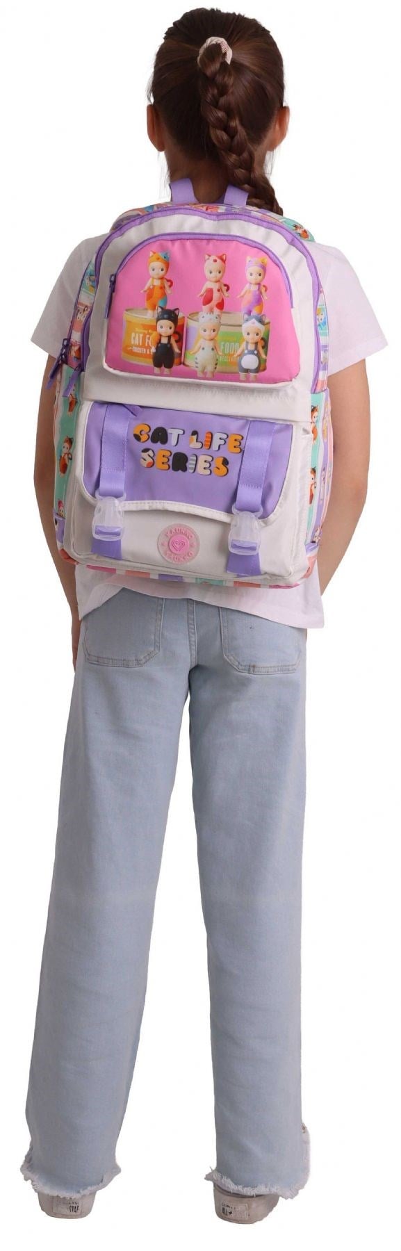 Kaukko Kids Dört Bölmeli Kız Çocuk Cat Life Baskılı Mor - Krem Okul Sırt Çantası - L5313