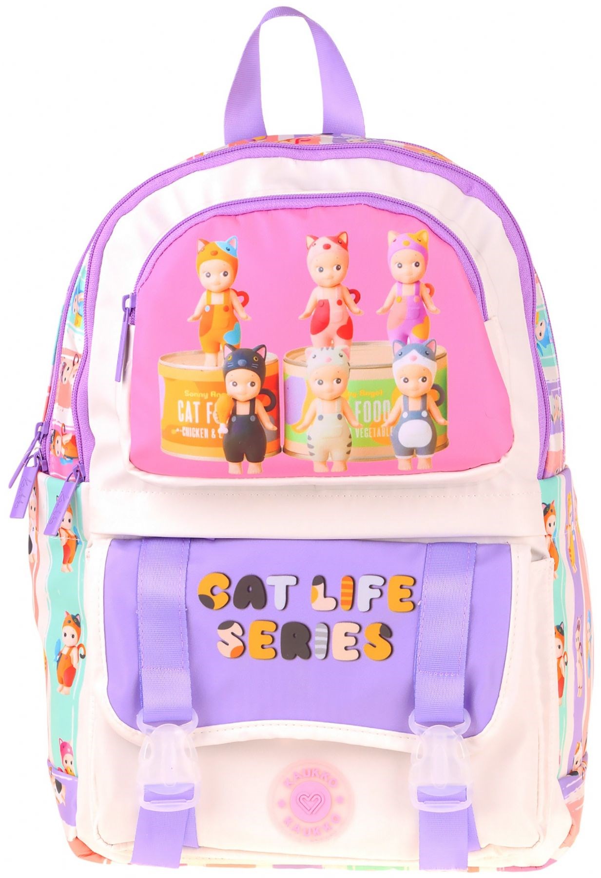 Kaukko Kids Dört Bölmeli Kız Çocuk Cat Life Baskılı Mor - Krem Okul Sırt Çantası - L5313