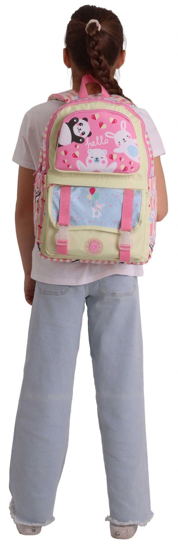 Kaukko Kids Dört Bölmeli Kız Çocuk Hello Baskılı Sarı - Pembe Okul Sırt Çantası - L5308