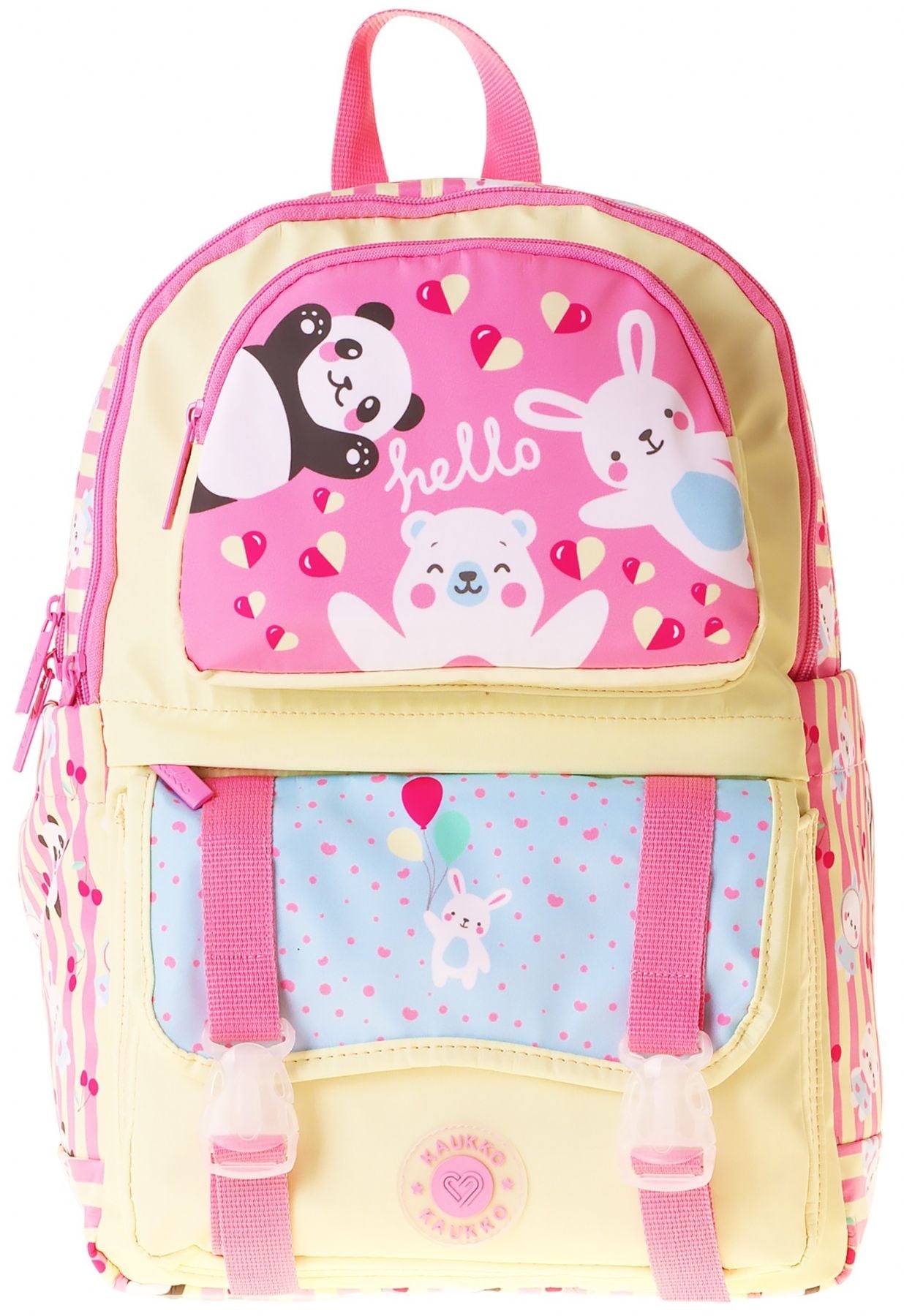 Kaukko Kids Dört Bölmeli Kız Çocuk Hello Baskılı Sarı - Pembe Okul Sırt Çantası - L5308