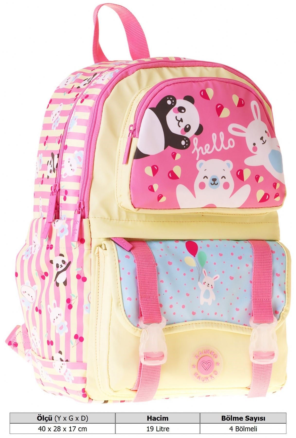 Kaukko Kids Dört Bölmeli Kız Çocuk Hello Baskılı Sarı - Pembe Okul Sırt Çantası - L5308