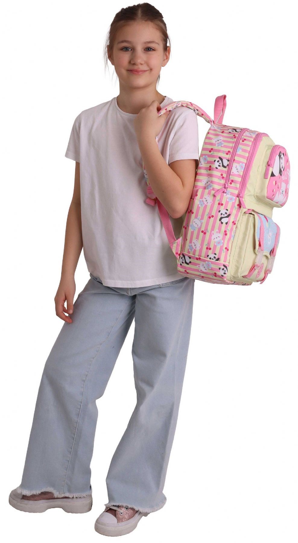 Kaukko Kids Dört Bölmeli Kız Çocuk Hello Baskılı Sarı - Pembe Okul Sırt Çantası - L5308