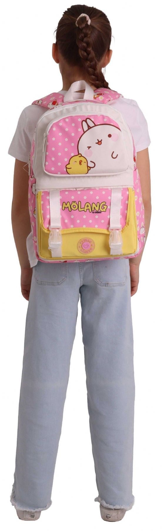 Kaukko Kids Dört Bölmeli Kız Çocuk Molang Baskılı Pembe - Sarı Okul Sırt Çantası - L5318