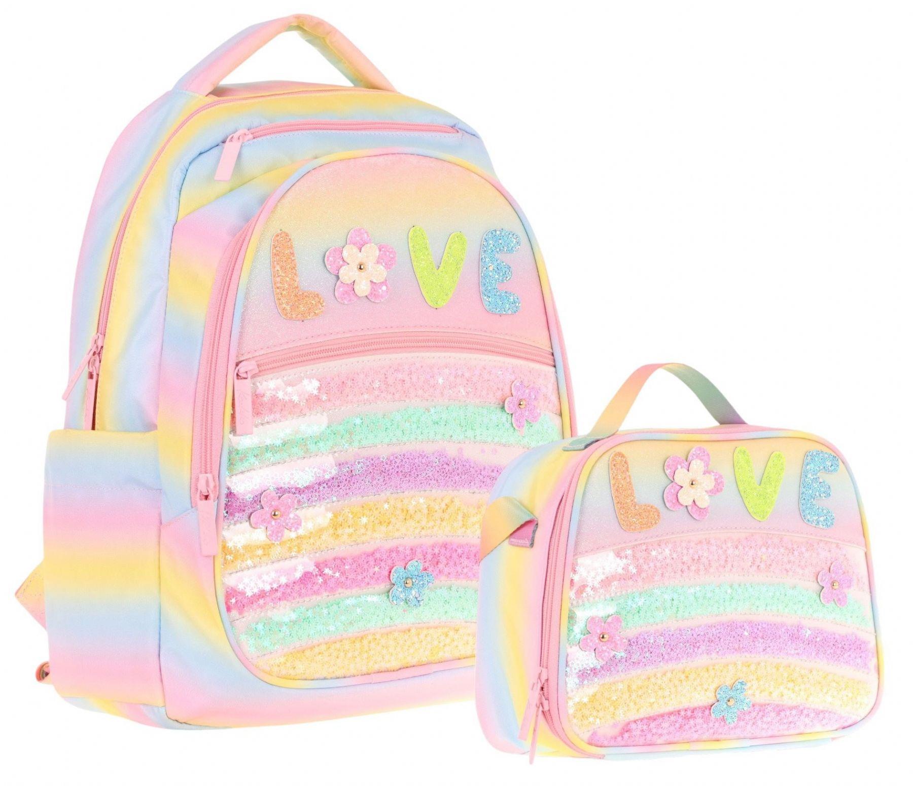 Kaukko Kids Dört Bölmeli Okul Çantası ve Beslenme Çantası Seti - Simli Pullu Love Baskılı - Kız Çocuk (L5214+L7214)