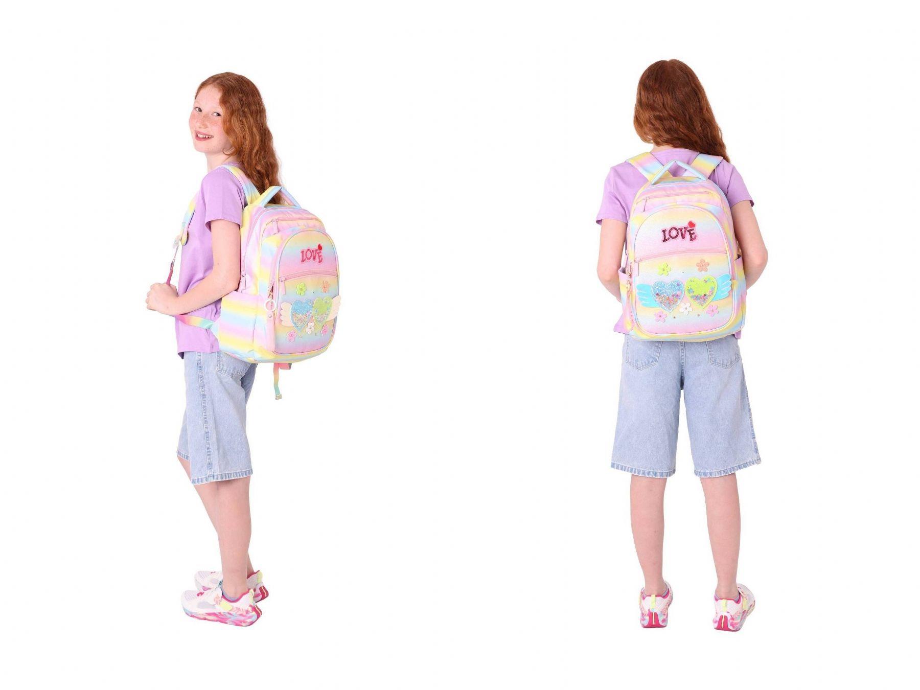 Kaukko Kids Dört Bölmeli Okul Çantası ve Beslenme Çantası Seti - Simli Kalp ve Çiçek Detaylı - Kız Çocuk (L5213+L7213)