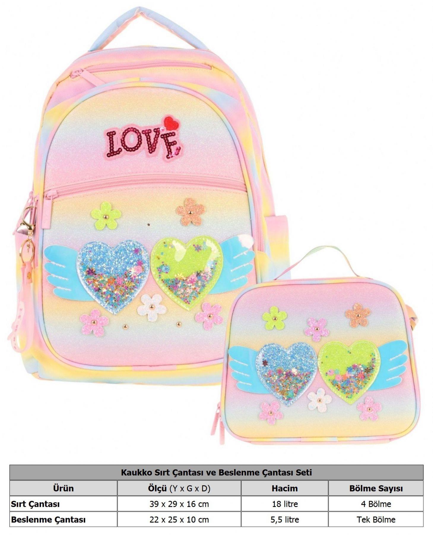 Kaukko Kids Dört Bölmeli Okul Çantası ve Beslenme Çantası Seti - Simli Kalp ve Çiçek Detaylı - Kız Çocuk (L5213+L7213)