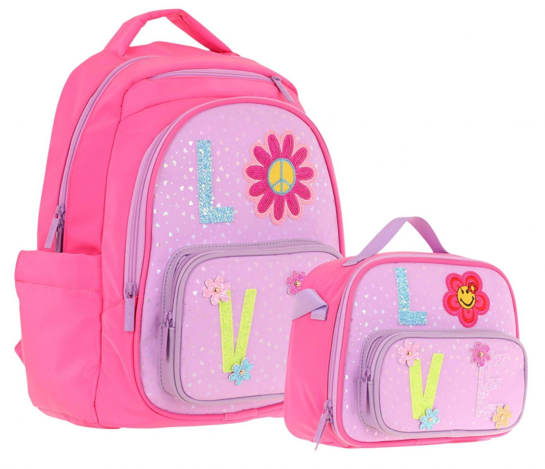 Kaukko Kids Dört Bölmeli Okul Çantası ve Beslenme Çantası Seti - Simli Love Desenli - Kız Çocuk (L5211+L7211)