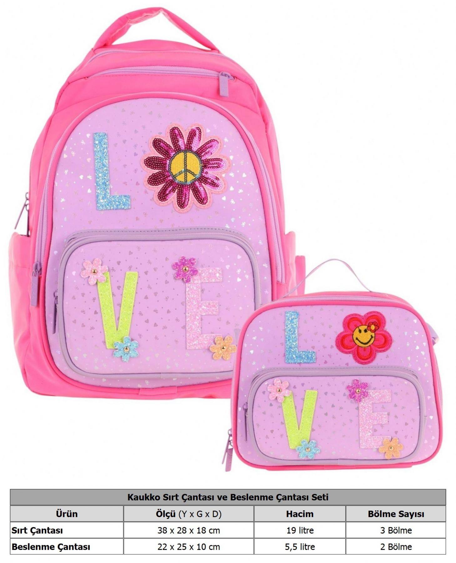Kaukko Kids Dört Bölmeli Okul Çantası ve Beslenme Çantası Seti - Simli Love Desenli - Kız Çocuk (L5211+L7211)