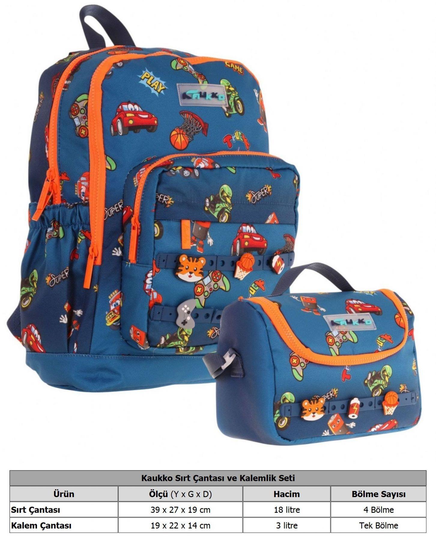 Kaukko Kids Dört Bölmeli Sırt Çantası ve Isı Yalıtımlı Beslenme Çantası Seti - Erkek Çocuk - Lacivert Turuncu