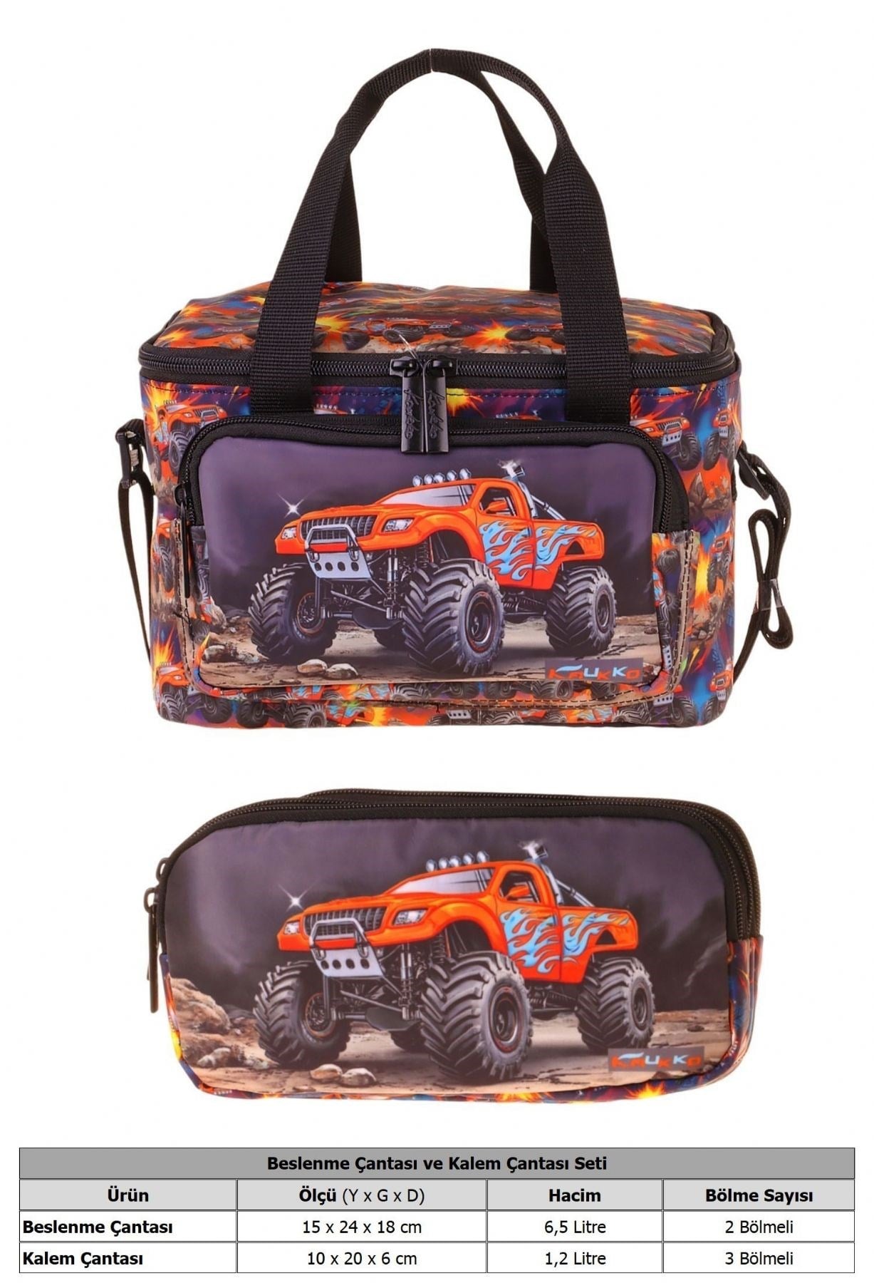Kaukko Kids Erkek Çocuk Arazi Aracı Baskılı Siyah - Kırmızı Thermo Beslenme Çantası ve Kalemlik Seti - SETKK-L5360