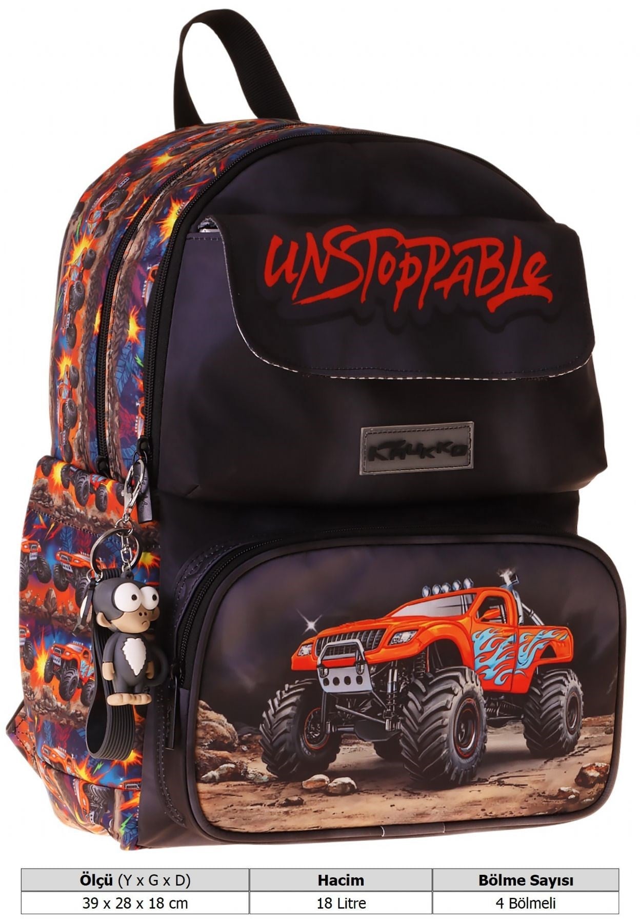 Kaukko Kids Erkek Çocuk Arazi Aracı Baskılı Okul Çantası - Siyah - Kırmızı - Soil Truck - L5359