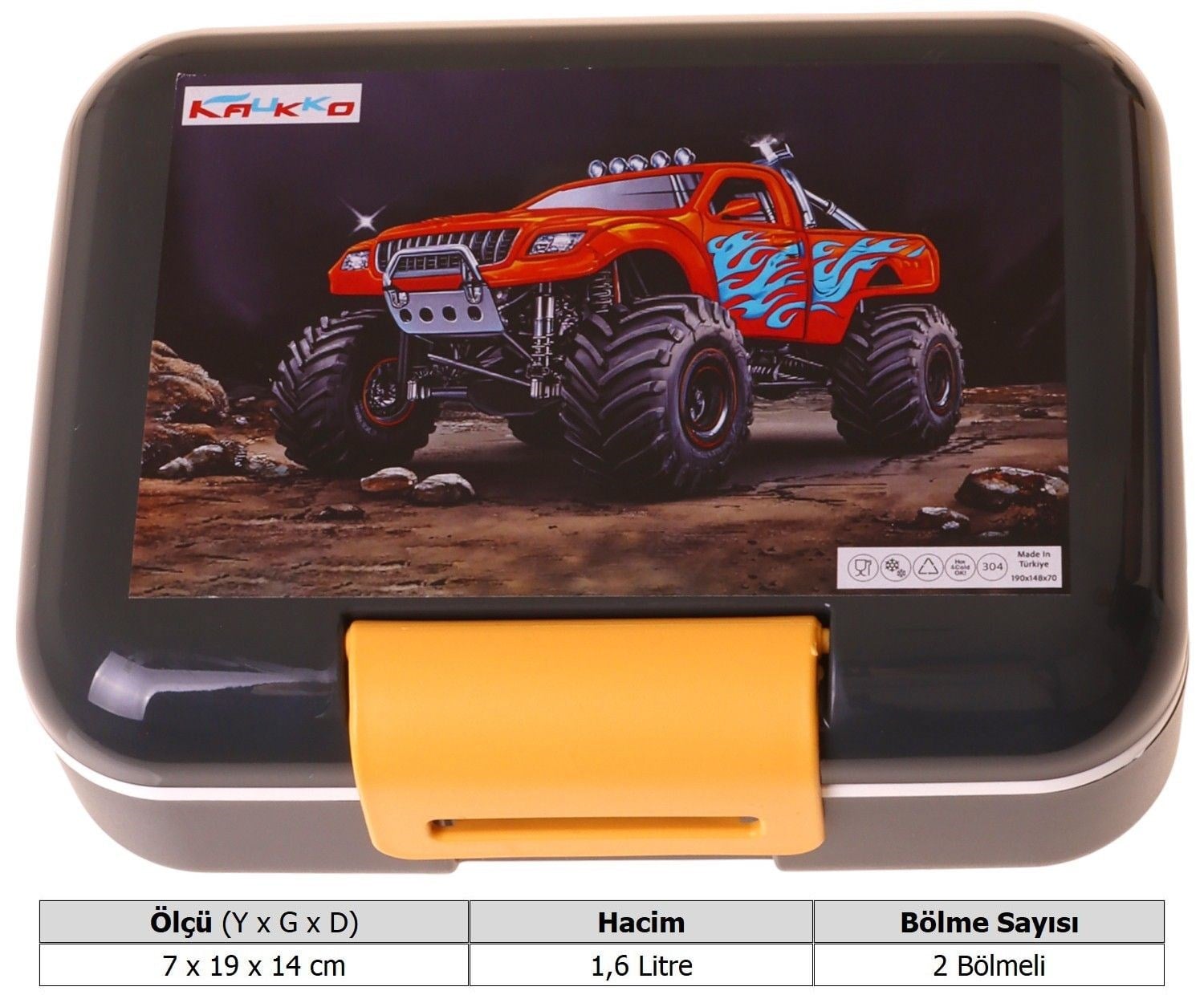 Kaukko Kids Erkek Çocuk Arazi Aracı Baskılı Siyah - Kırmızı Çift Katlı Beslenme Kabı - L5363