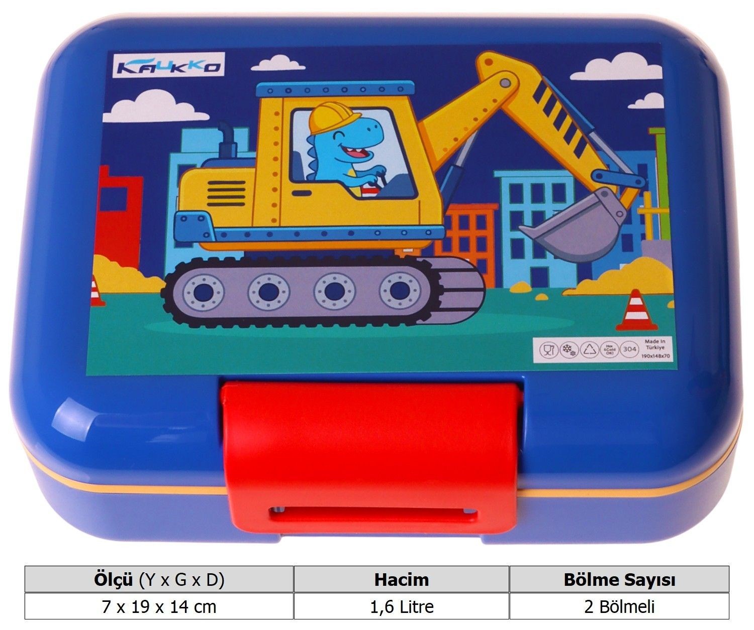 Kaukko Kids Erkek Çocuk Dinazor ve İş Makinesi Baskılı Mavi - Sarı Çift Katlı Beslenme Kabı - L5373