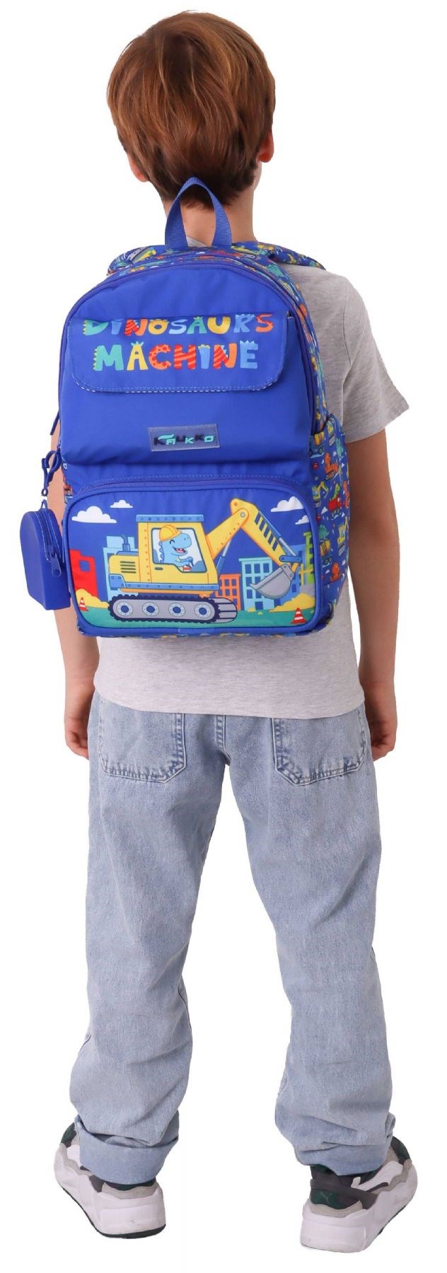 Kaukko Kids Erkek Çocuk Dinazor ve İş Makinesi Baskılı Okul Çantası - Mavi - Sarı - Mechanic - L5369