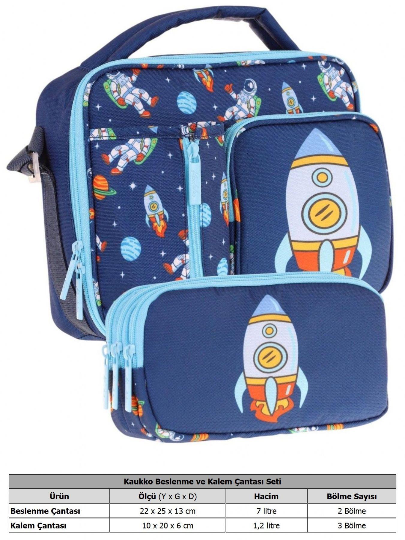Kaukko Kids Erkek Çocuk Lacivert Roket Üç Bölmeli Thermo Beslenme Çantası ve Kalemlik Seti (L7260+L8260)