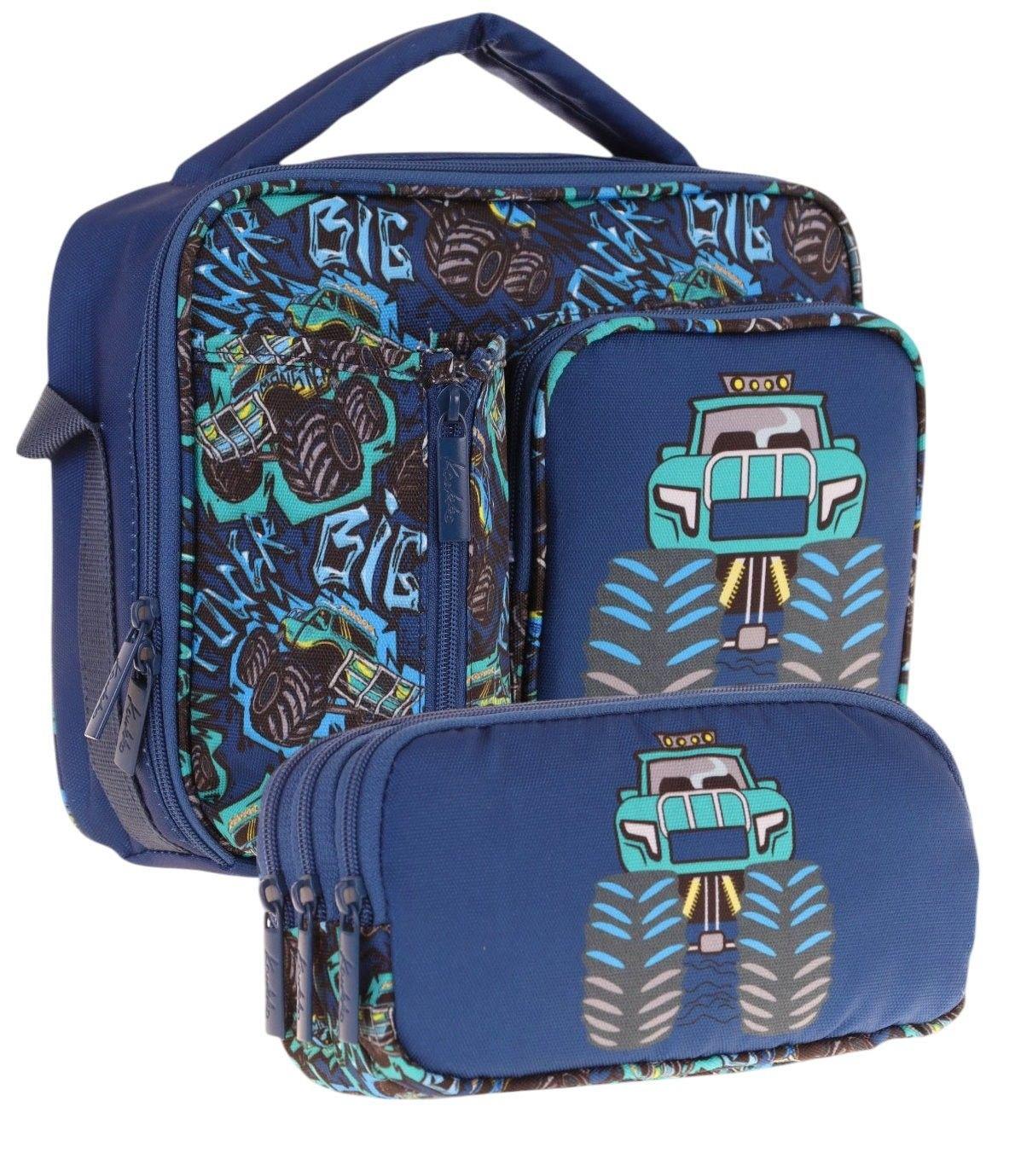 Kaukko Kids Erkek Çocuk Lacivert Turkuaz Kamyon Üç Bölmeli Thermo Beslenme Çantası ve Kalemlik Seti (L7261+L8261)