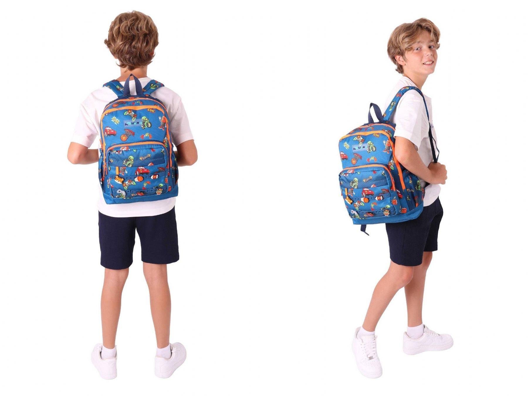 Kaukko Kids Erkek Çocuk Lacivert Turuncu Okul Çantası ve Üç Bölmeli Kalemlik Seti - Silikon Aksesuarlı