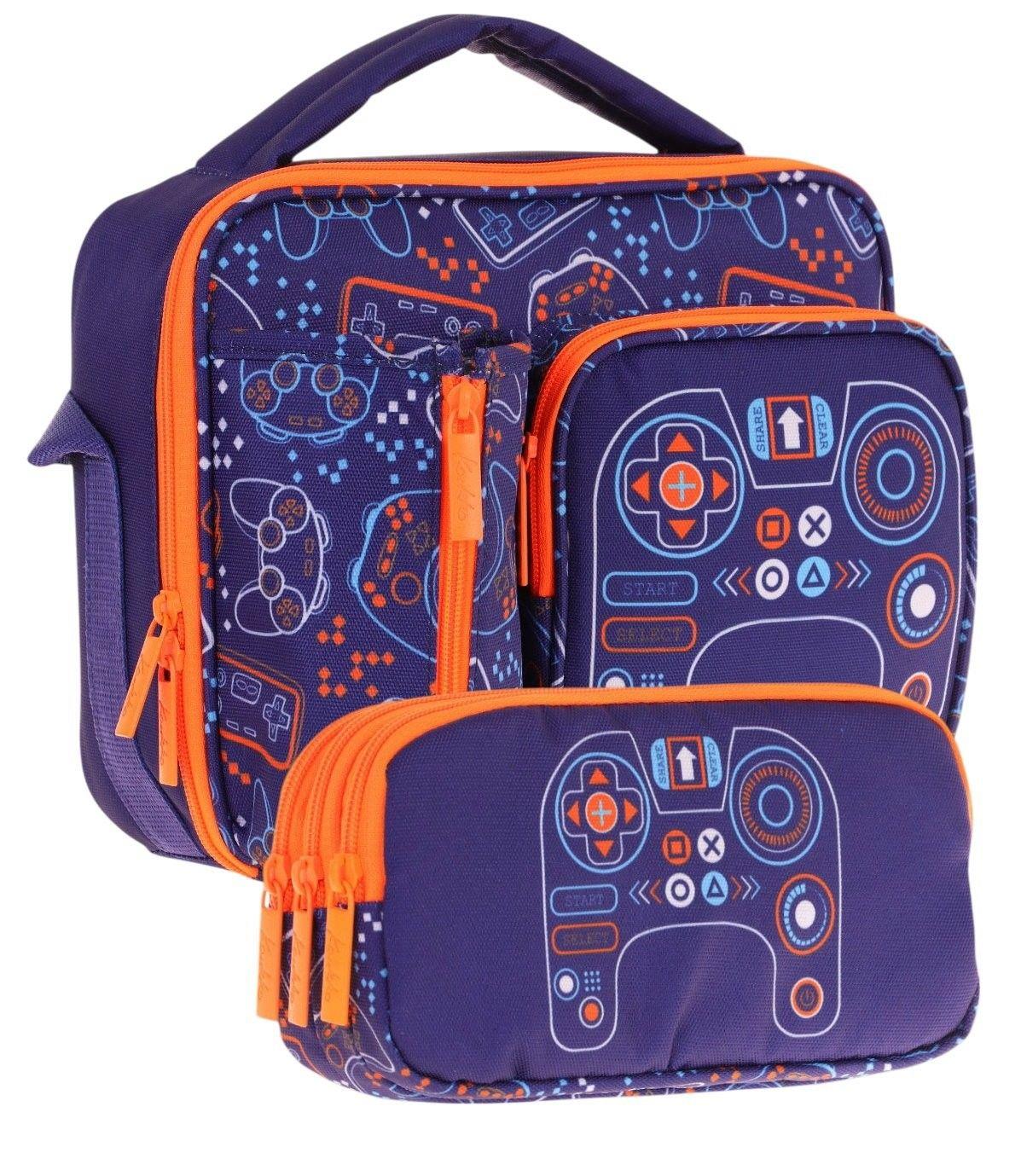 Kaukko Kids Erkek Çocuk Lacivert Turuncu Oyun Temalı Üç Bölmeli Thermo Beslenme Çantası ve Kalemlik Seti (L7281+L8281)