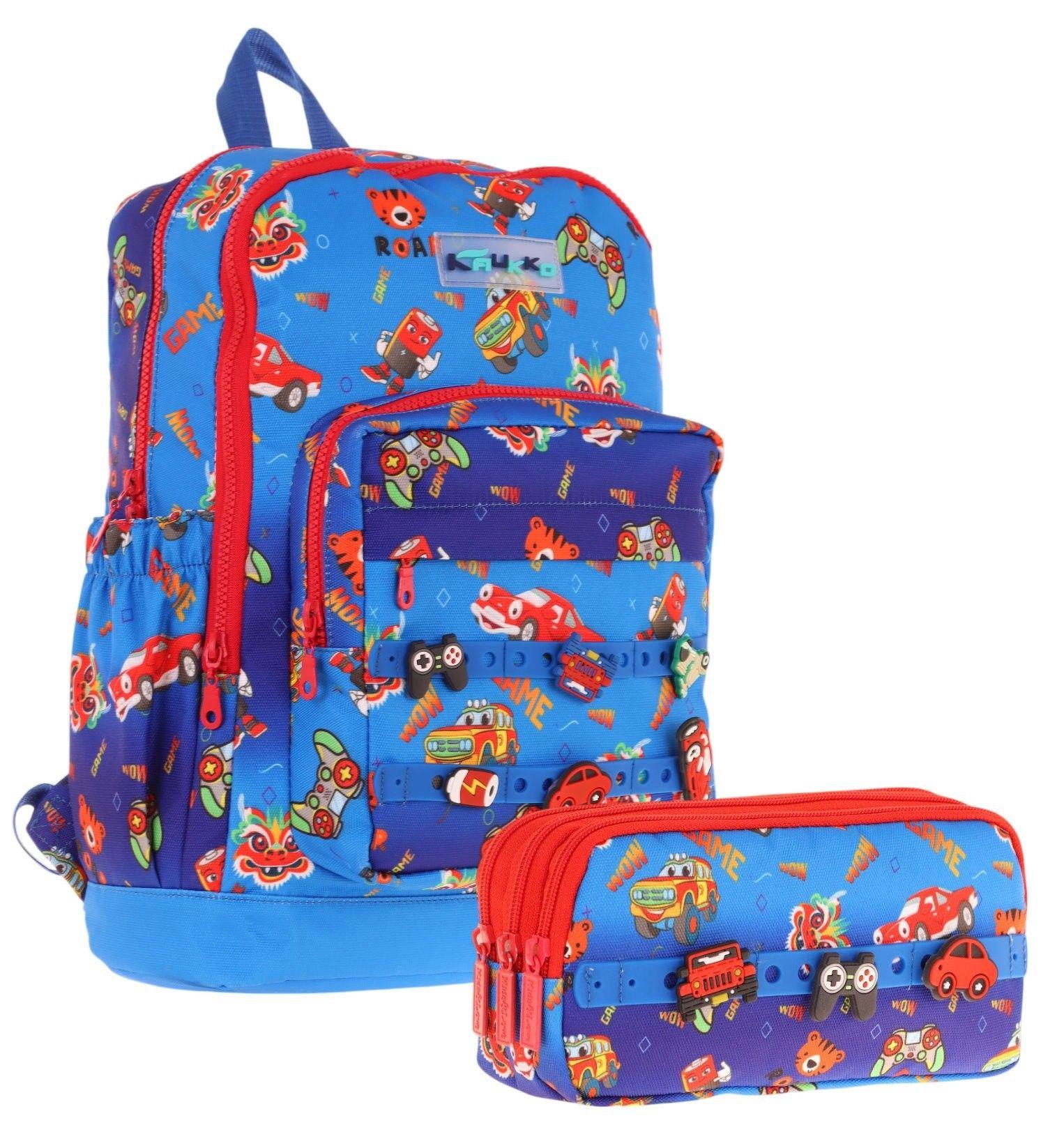 Kaukko Kids Erkek Çocuk Mavi Kırmızı Okul Çantası ve Üç Bölmeli Kalemlik Seti - Silikon Aksesuarlı