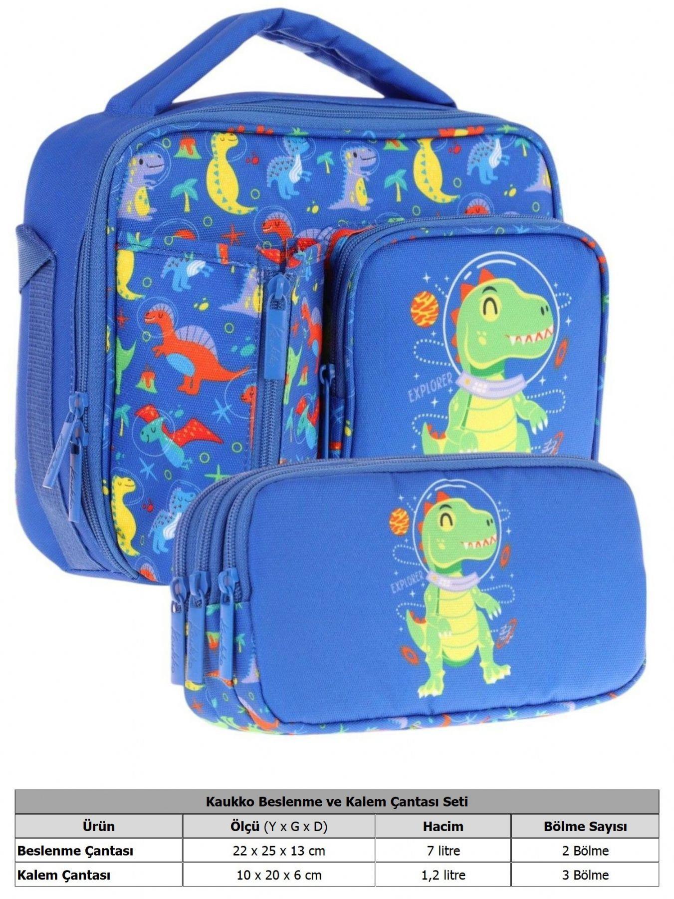 Kaukko Kids Erkek Çocuk Mavi Yeşil Dinazor Baskılı Üç Bölmeli Thermo Beslenme Çantası ve Kalemlik Seti (L7262+L8262)