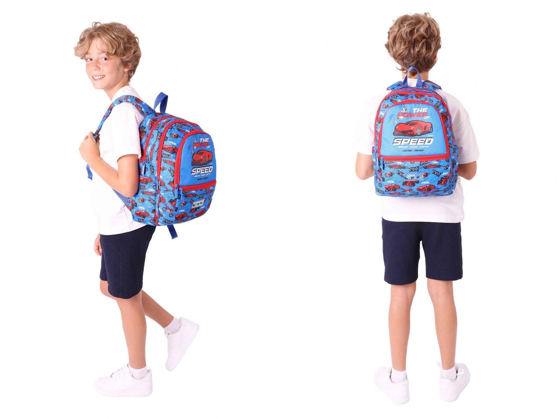 Kaukko Kids Erkek Çocuk Okul Çantası ve Isı Yalıtımlı Beslenme Çantası Seti (L5268+L7268) Yarış Arabası Desenli - Mavi Kırmızı