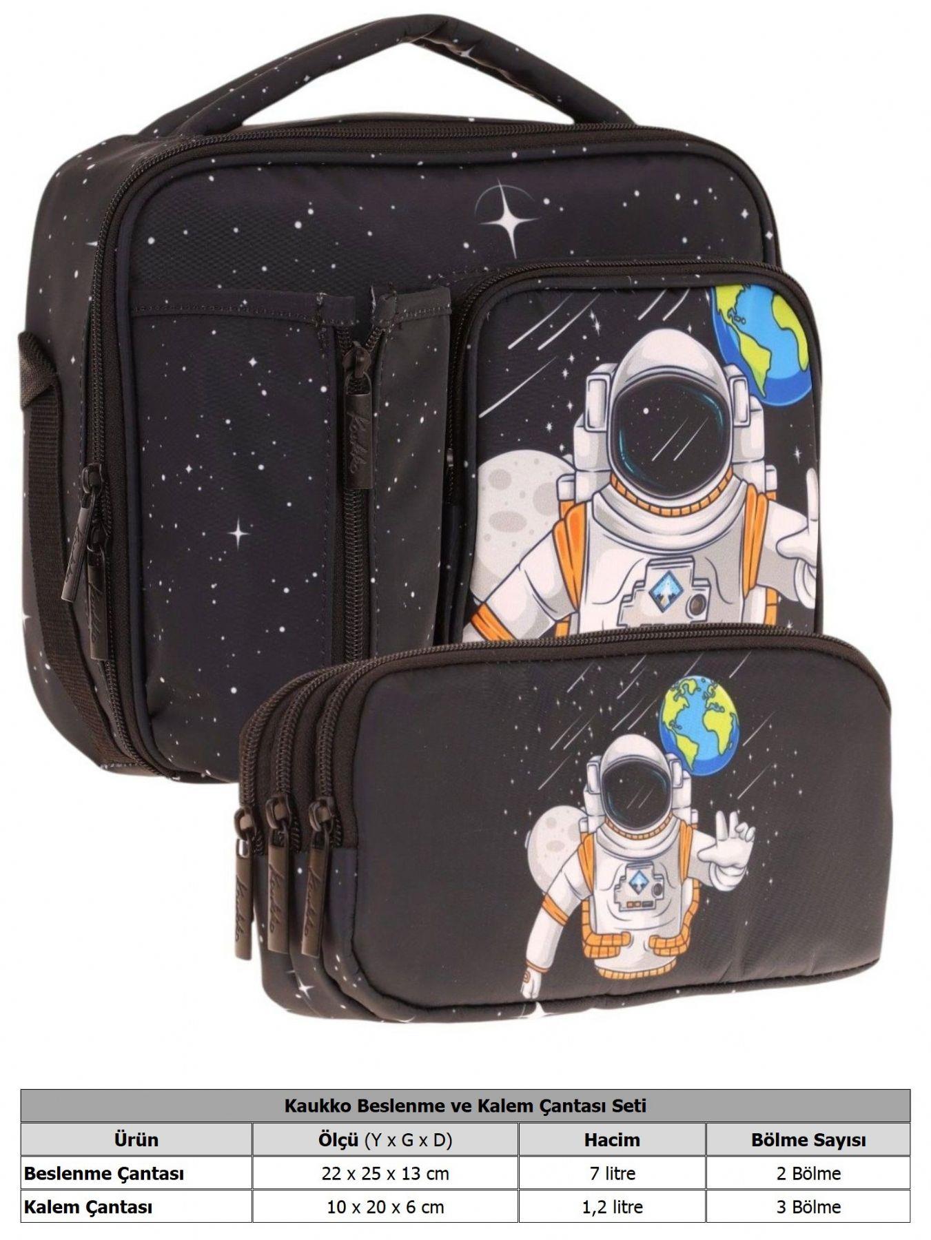 Kaukko Kids Erkek Çocuk Siyah Beyaz Astronor Üç Bölmeli Thermo Beslenme Çantası ve Kalemlik Seti (L7253+L8253)