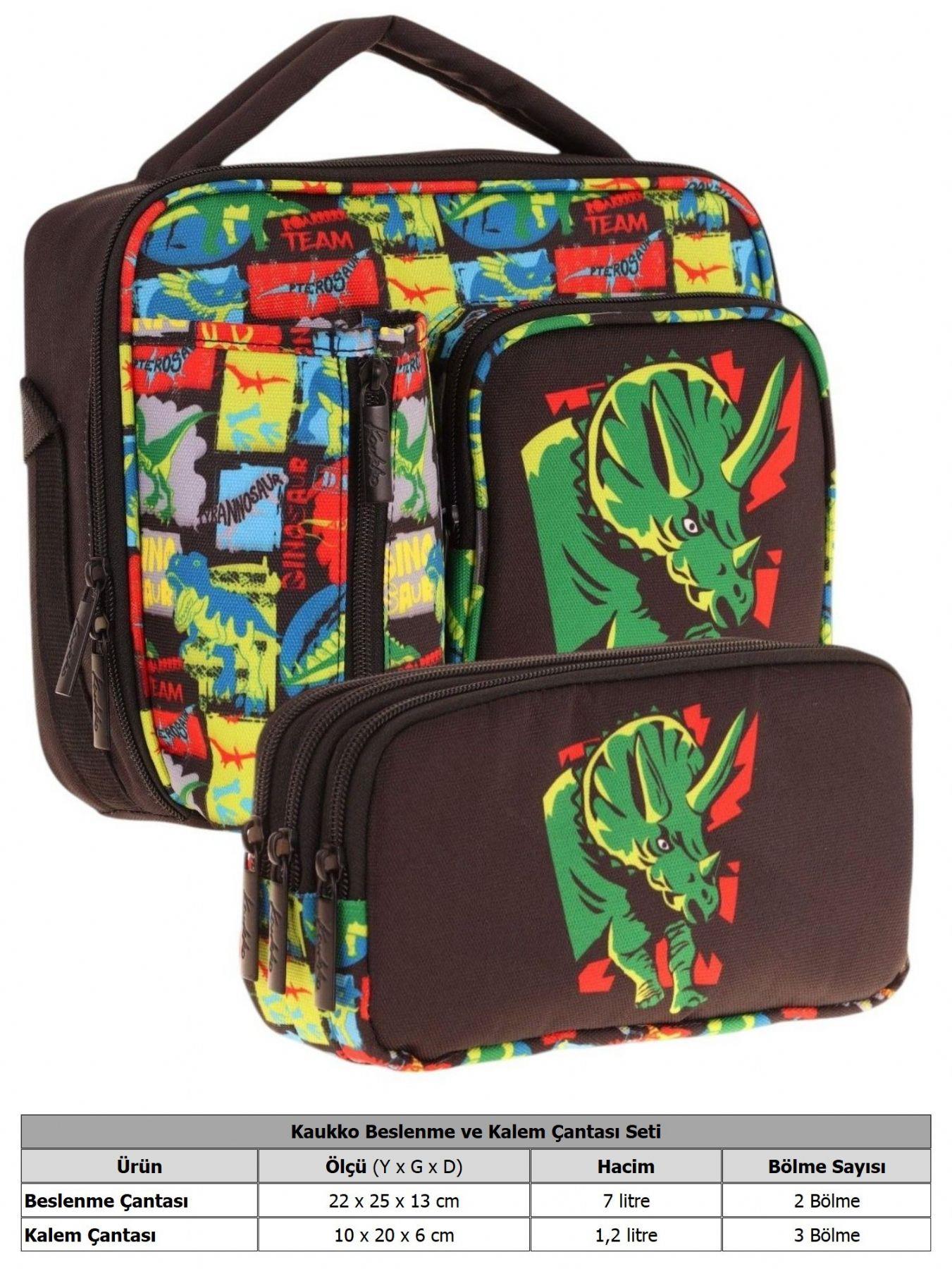 Kaukko Kids Erkek Çocuk Siyah Yeşil Gergedan Üç Bölmeli Thermo Beslenme Çantası ve Kalemlik Seti (L7263+L8263)