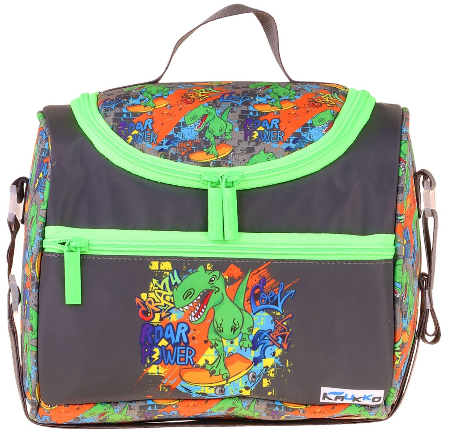 Kaukko Kids Erkek Çocuk Street Dinazor Baskılı Isı Yalıtımlı Okul Beslenme Çantası (Siyah - Yeşil) - L5415