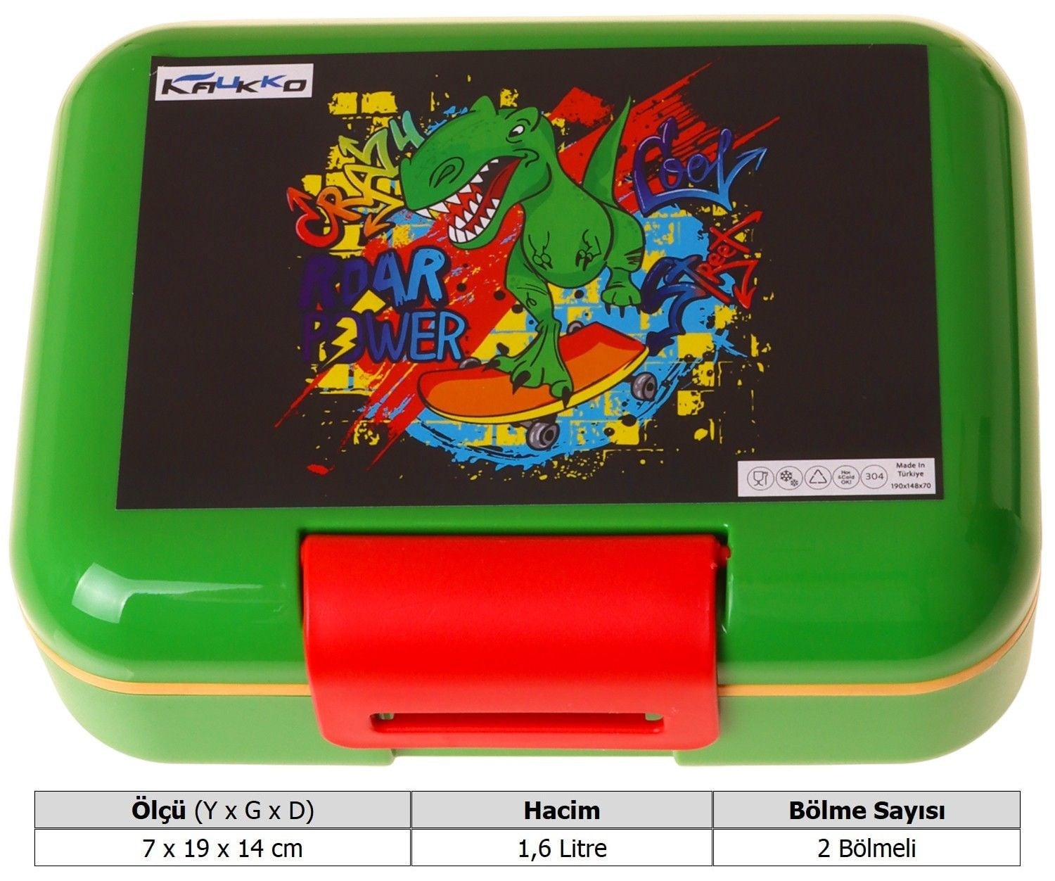 Kaukko Kids Erkek Çocuk Street Dinazor Baskılı Siyah - Yeşil Çift Katlı Beslenme Kabı - L5418