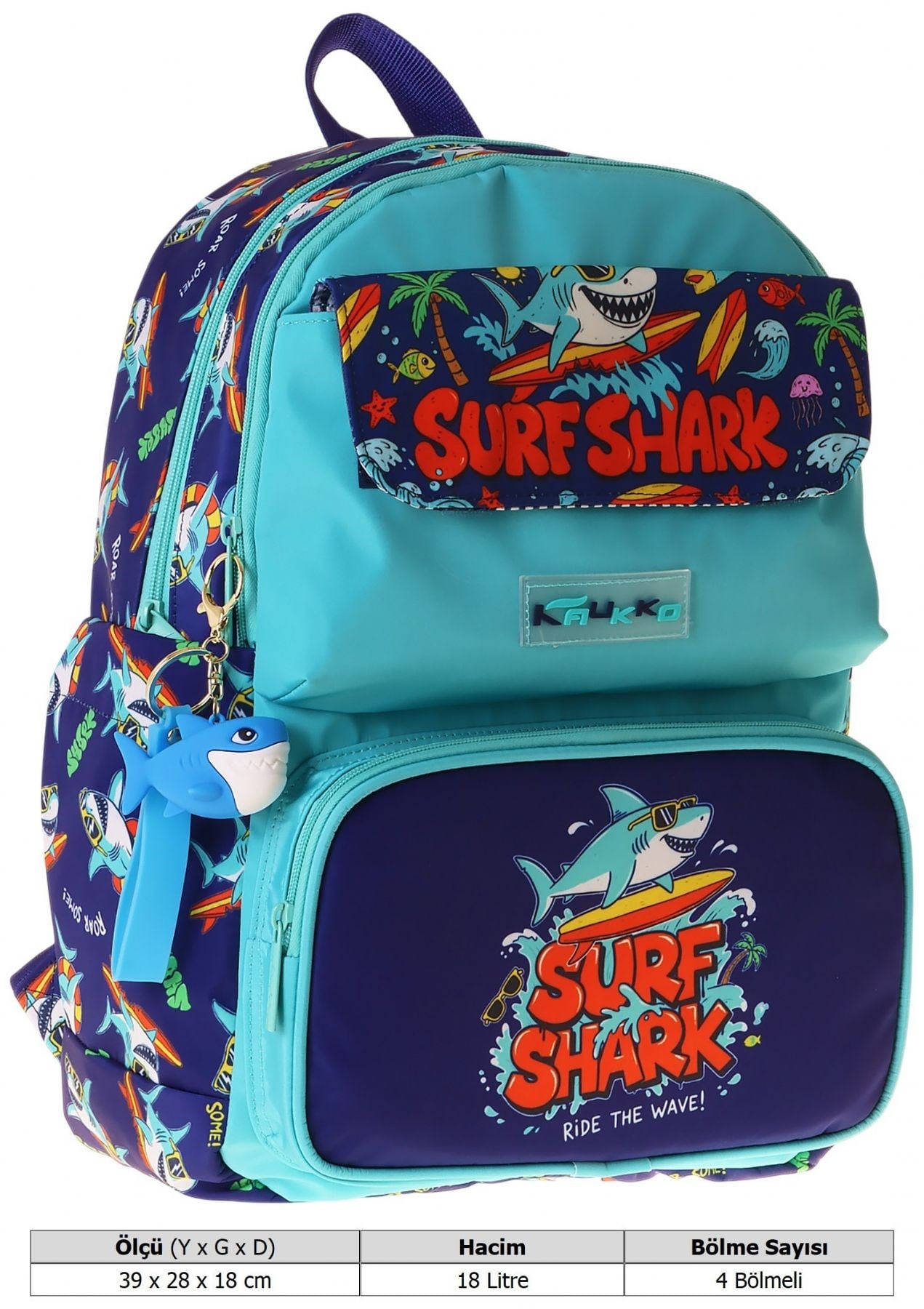 Kaukko Kids Erkek Çocuk Süpar Köpekbalığı Baskılı Okul Çantası - Yeşil - Lacivert - Surf - L5354