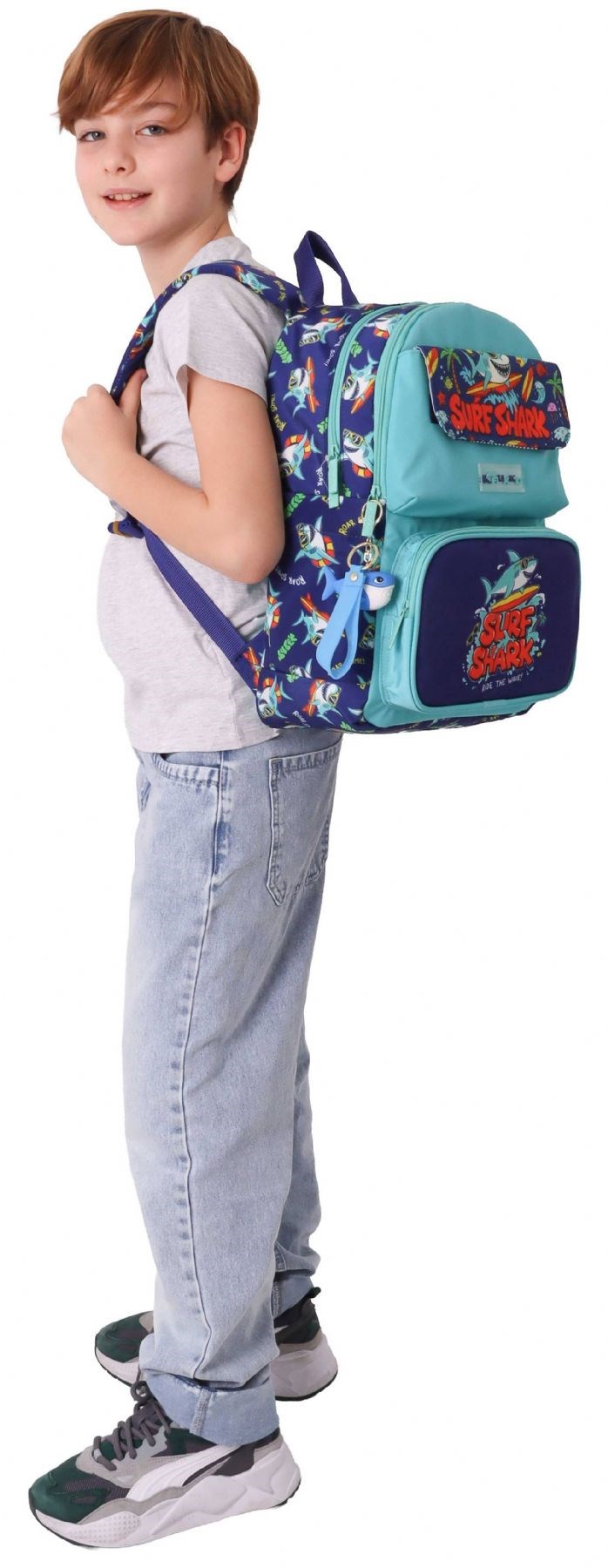 Kaukko Kids Erkek Çocuk Süpar Köpekbalığı Baskılı Okul Çantası - Yeşil - Lacivert - Surf - L5354