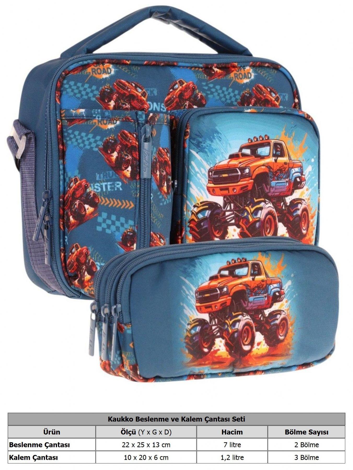 Kaukko Kids Erkek Çocuk Yeşil Kırmızı Arazi Aracı Üç Bölmeli Thermo Beslenme Çantası ve Kalemlik Seti (L7282+L8282)