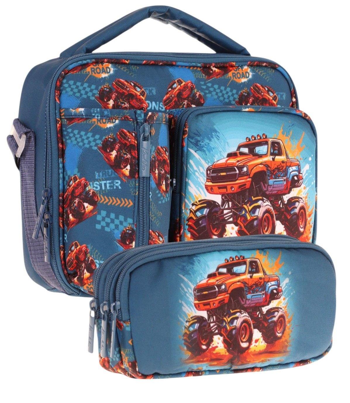 Kaukko Kids Erkek Çocuk Yeşil Kırmızı Arazi Aracı Üç Bölmeli Thermo Beslenme Çantası ve Kalemlik Seti (L7282+L8282)