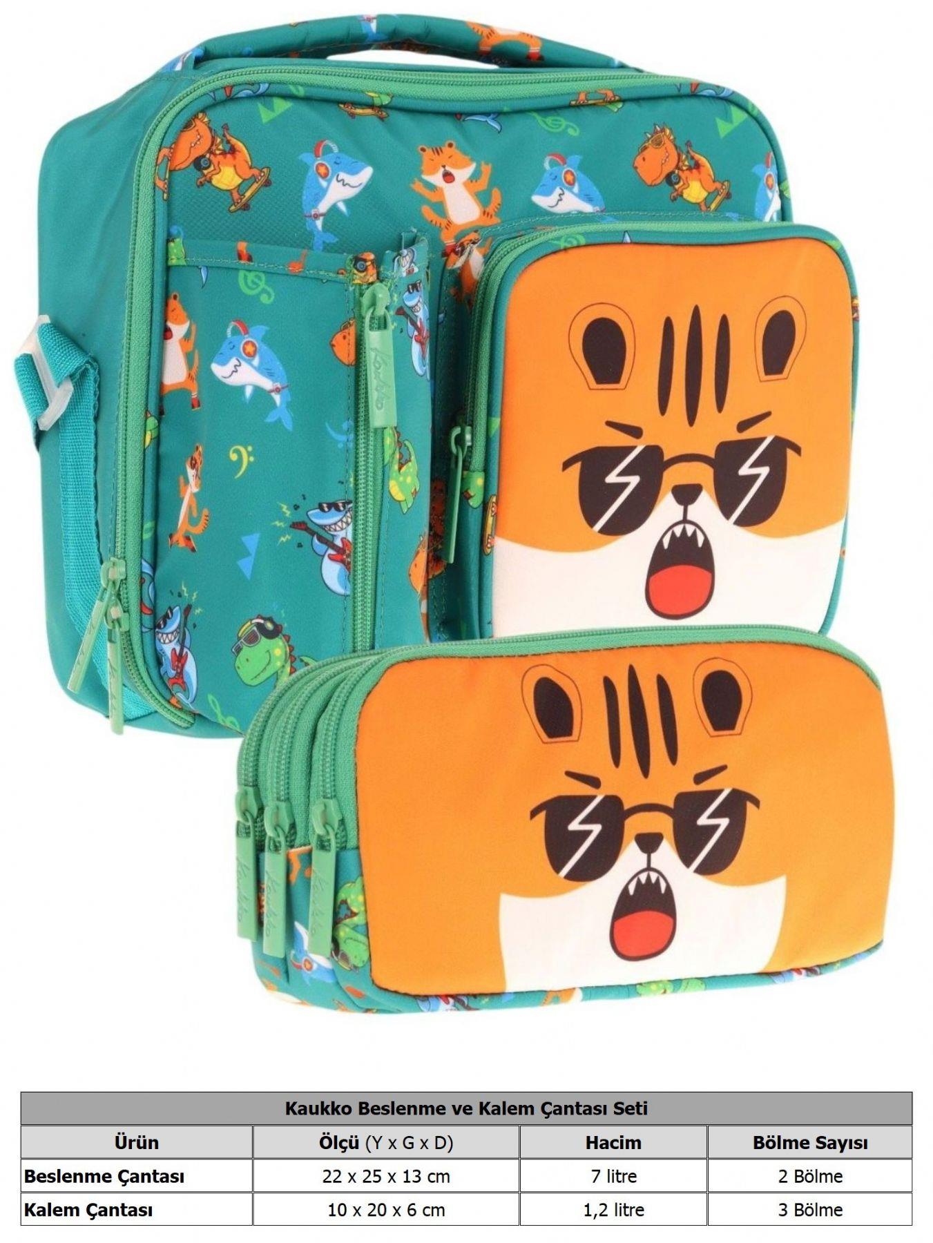 Kaukko Kids Erkek Çocuk Yeşil Turuncu Aslan Üç Bölmeli Thermo Beslenme Çantası ve Kalemlik Seti (L7254+L8254)