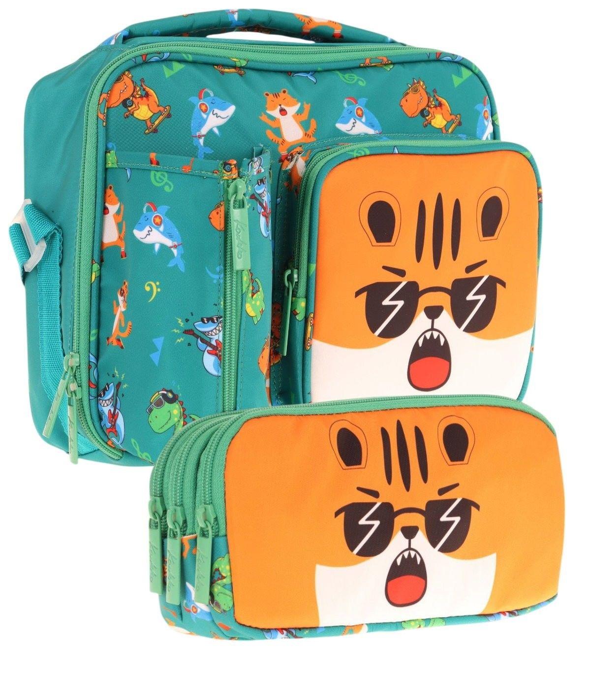 Kaukko Kids Erkek Çocuk Yeşil Turuncu Aslan Üç Bölmeli Thermo Beslenme Çantası ve Kalemlik Seti (L7254+L8254)