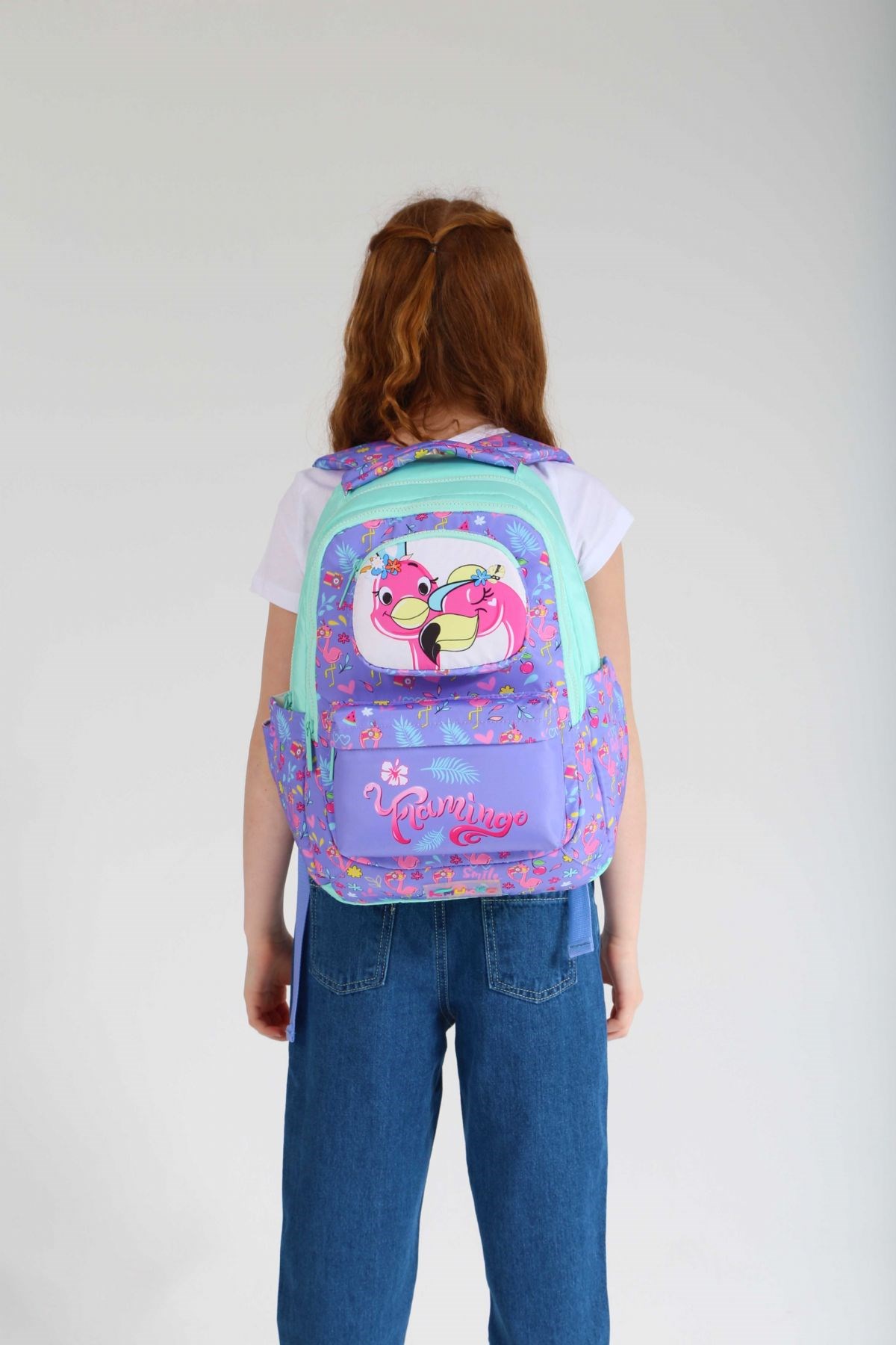 Kaukko Kids Flamingo Baskılı Dört Bölmeli Yeşil Mor Kız Çocuk Okul Sırt Çantası - KK-L5156