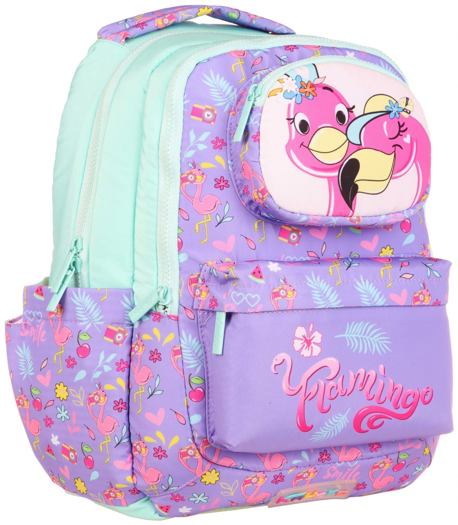 Kaukko Kids Flamingo Baskılı Dört Bölmeli Yeşil Mor Kız Çocuk Okul Sırt Çantası - KK-L5156