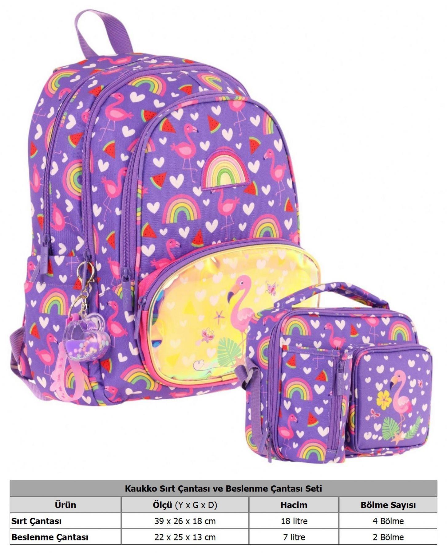 Kaukko Kids Flamingo Nakışlı ve Baskılı Okul Çantası (L5226) ve Thermo Beslenme Çantası (L7226) Seti - Kız Çocuk