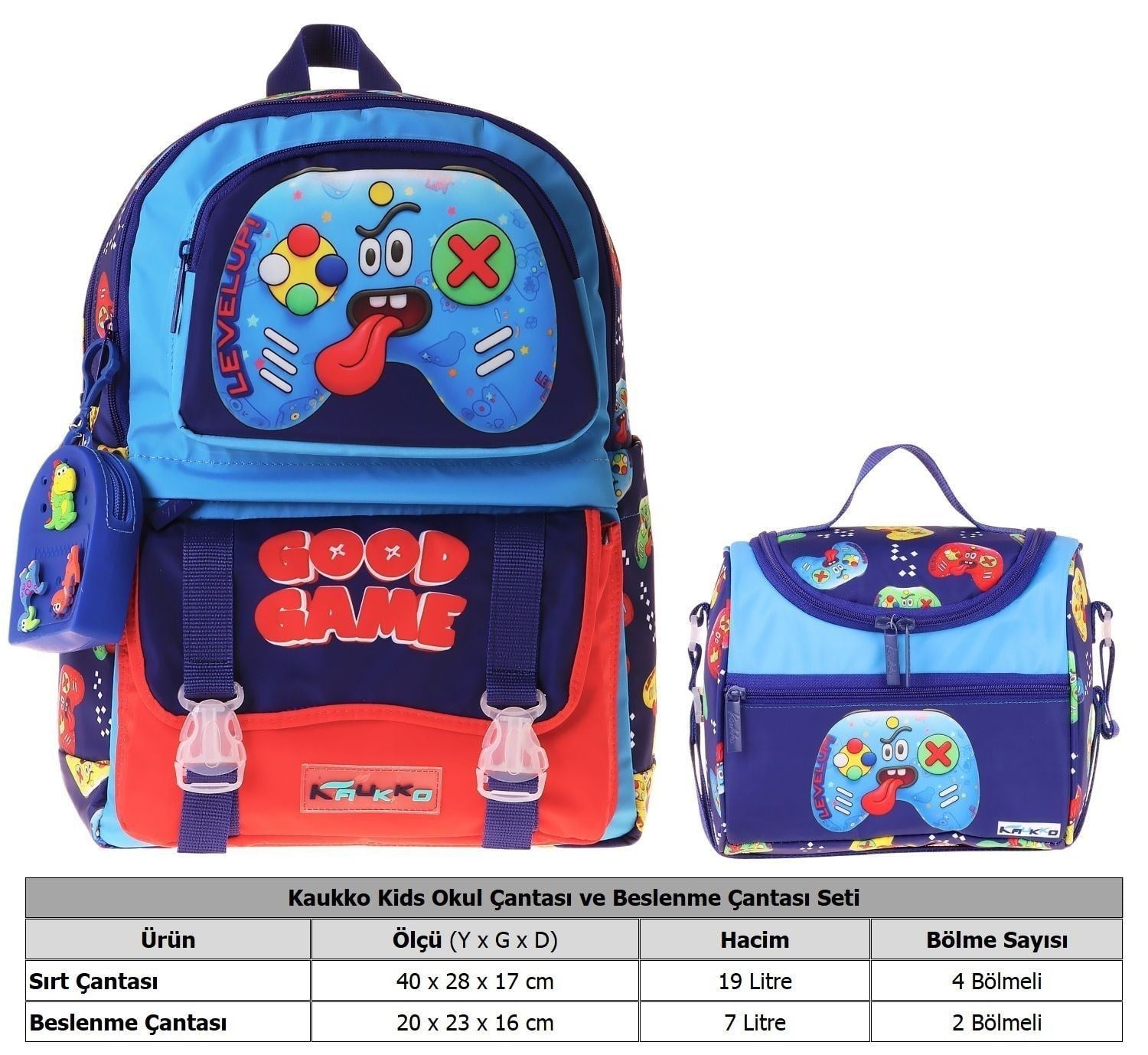 Kaukko Kids Good Game Erkek Çocuk Lacivert - Kırmızı İlkokul Sırt Çantası ve Beslenme Çanta Seti - SETKK-L5389B