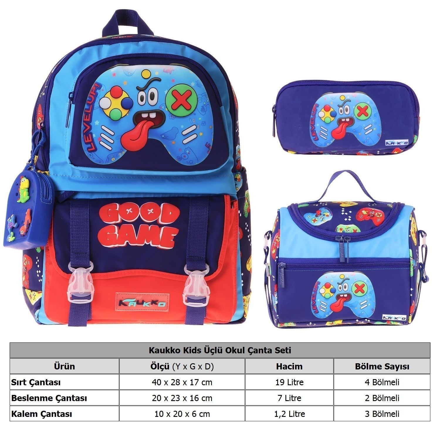 Kaukko Kids Good Game(Lacivert - Kırmızı Renk) Erkek Çocuk Üçlü İlkokul Okul Çantası Seti/Takımı - SETKK-L5389A