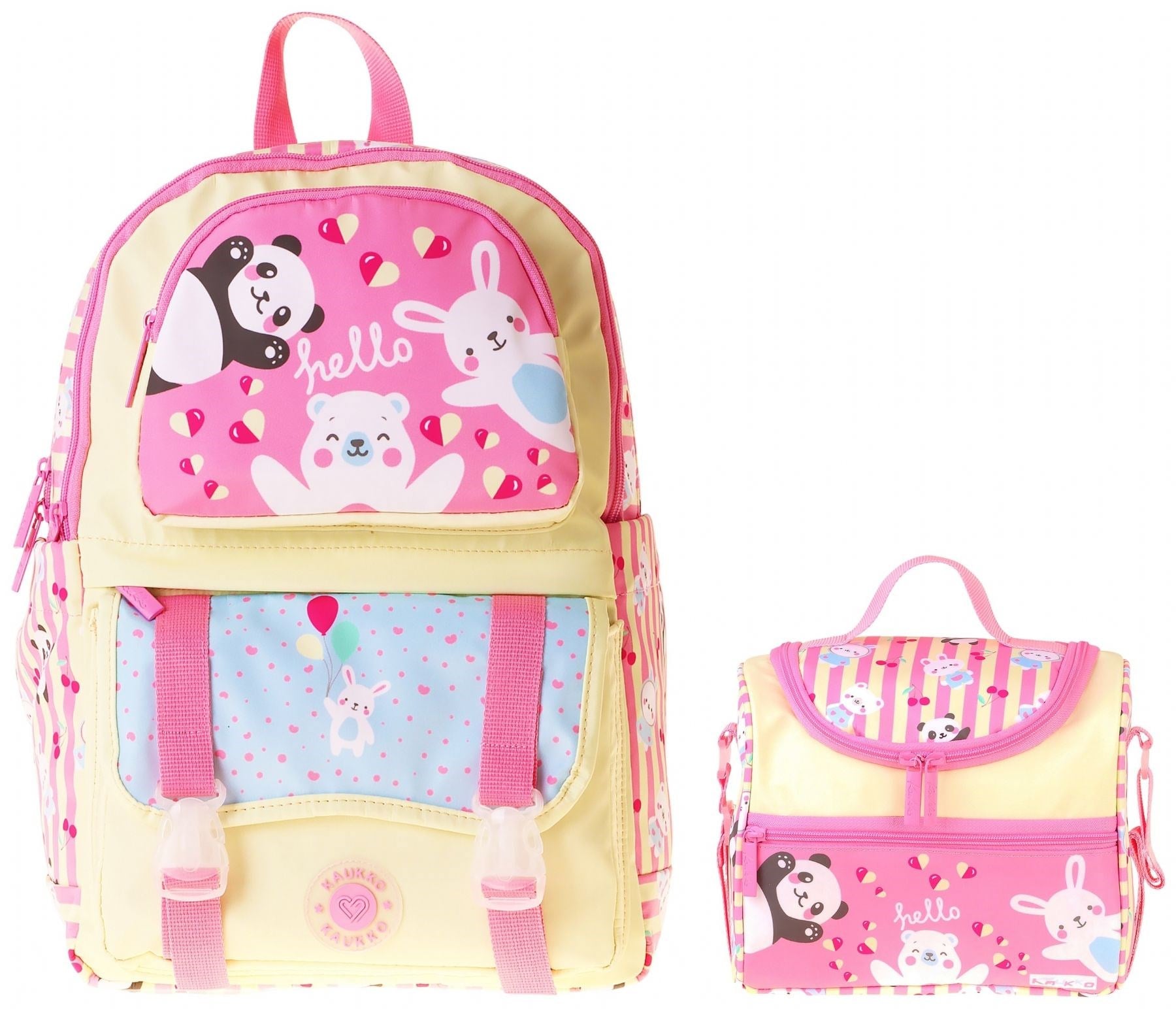 Kaukko Kids Hello Kız Çocuk Sarı - Pembe İlkokul Sırt Çantası ve Beslenme Çanta Seti - SETKK-L5308B