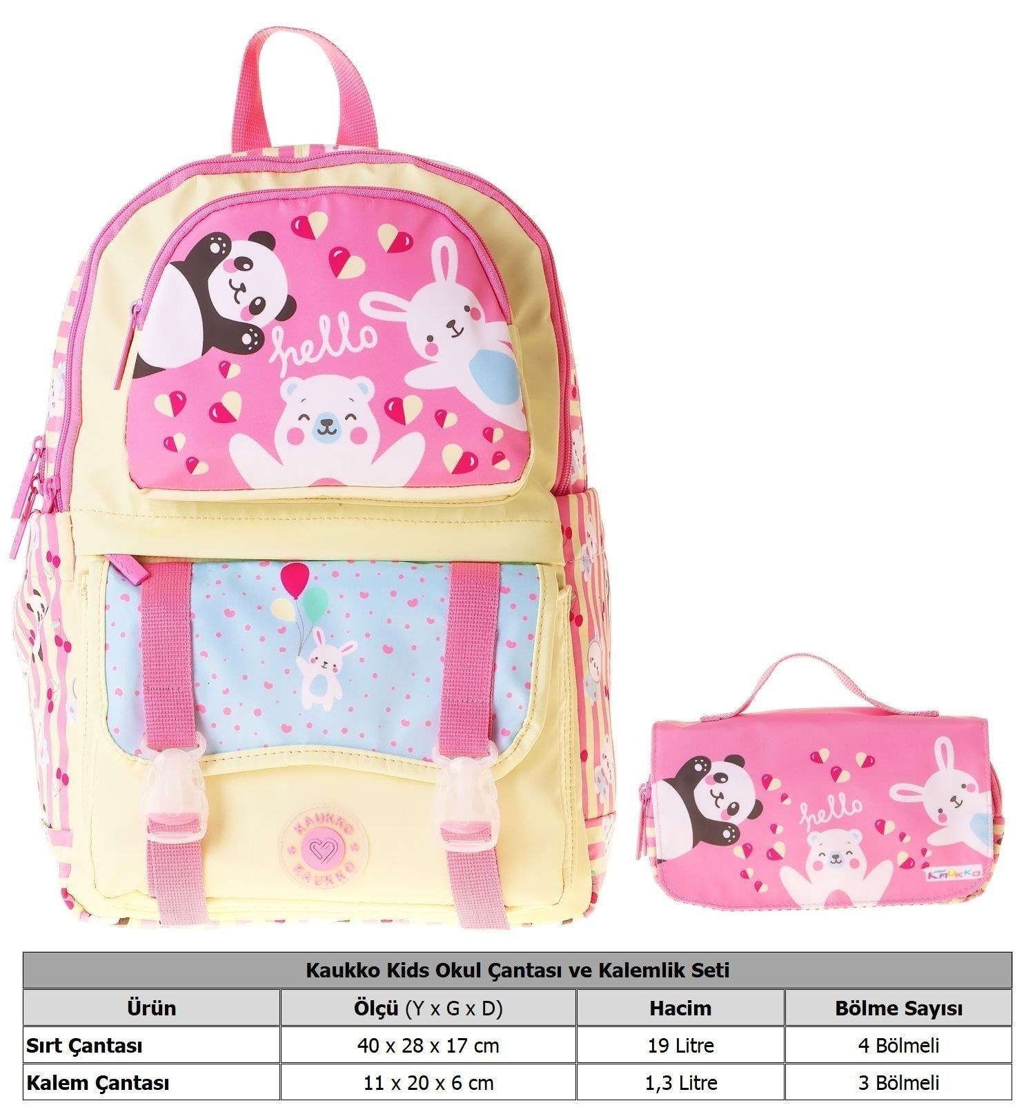 Kaukko Kids Hello Sarı - Pembe Kız Çocuk İlkokul Sırt Çantası ve Kalem Çantası Seti - SETKK-L5308C