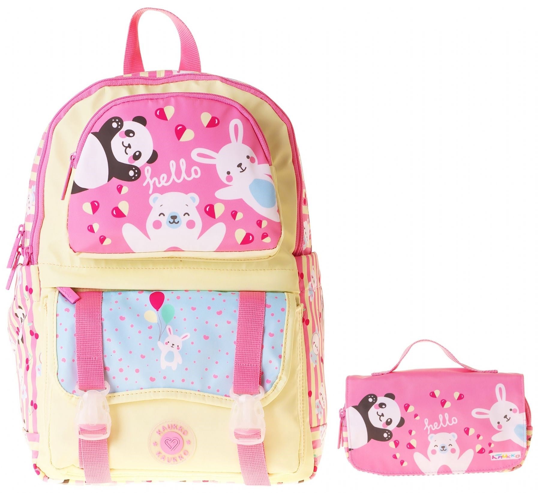 Kaukko Kids Hello Sarı - Pembe Kız Çocuk İlkokul Sırt Çantası ve Kalem Çantası Seti - SETKK-L5308C