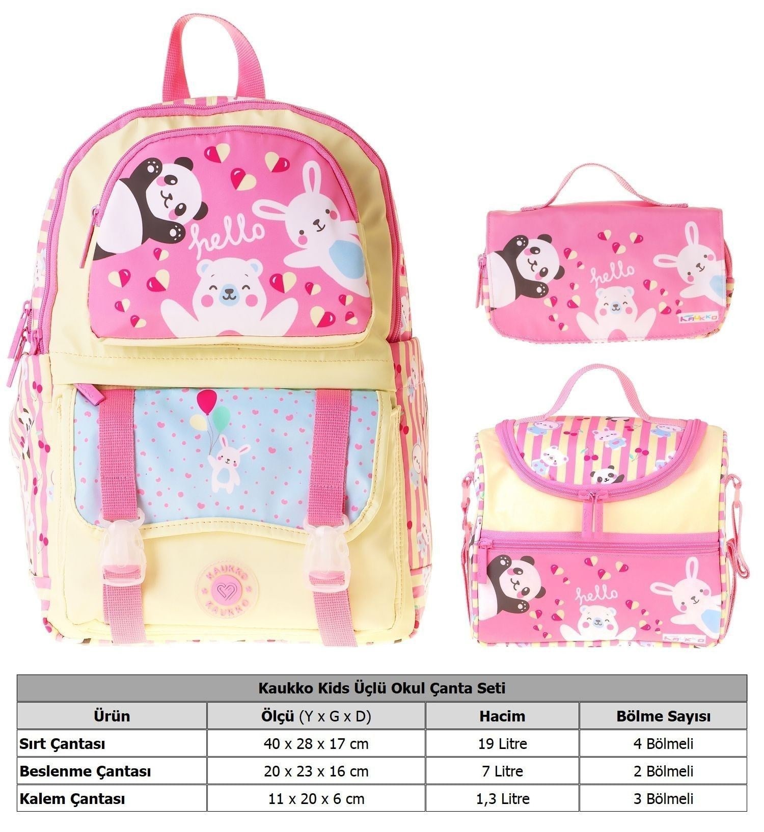 Kaukko Kids Hello(Sarı - Pembe Renk) Kız Çocuk Üçlü İlkokul Okul Çantası Seti/Takımı - SETKK-L5308A
