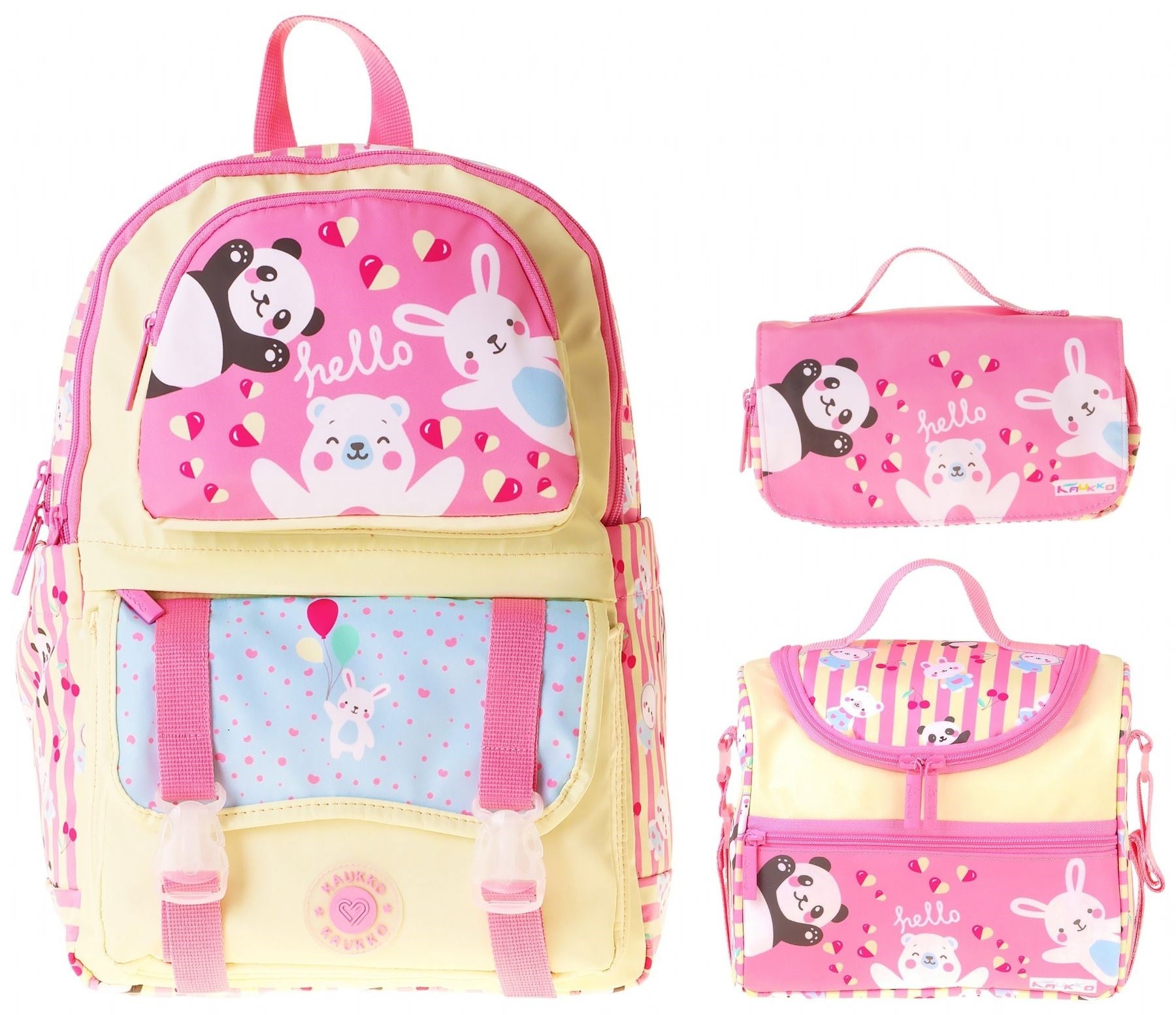 Kaukko Kids Hello(Sarı - Pembe Renk) Kız Çocuk Üçlü İlkokul Okul Çantası Seti/Takımı - SETKK-L5308A