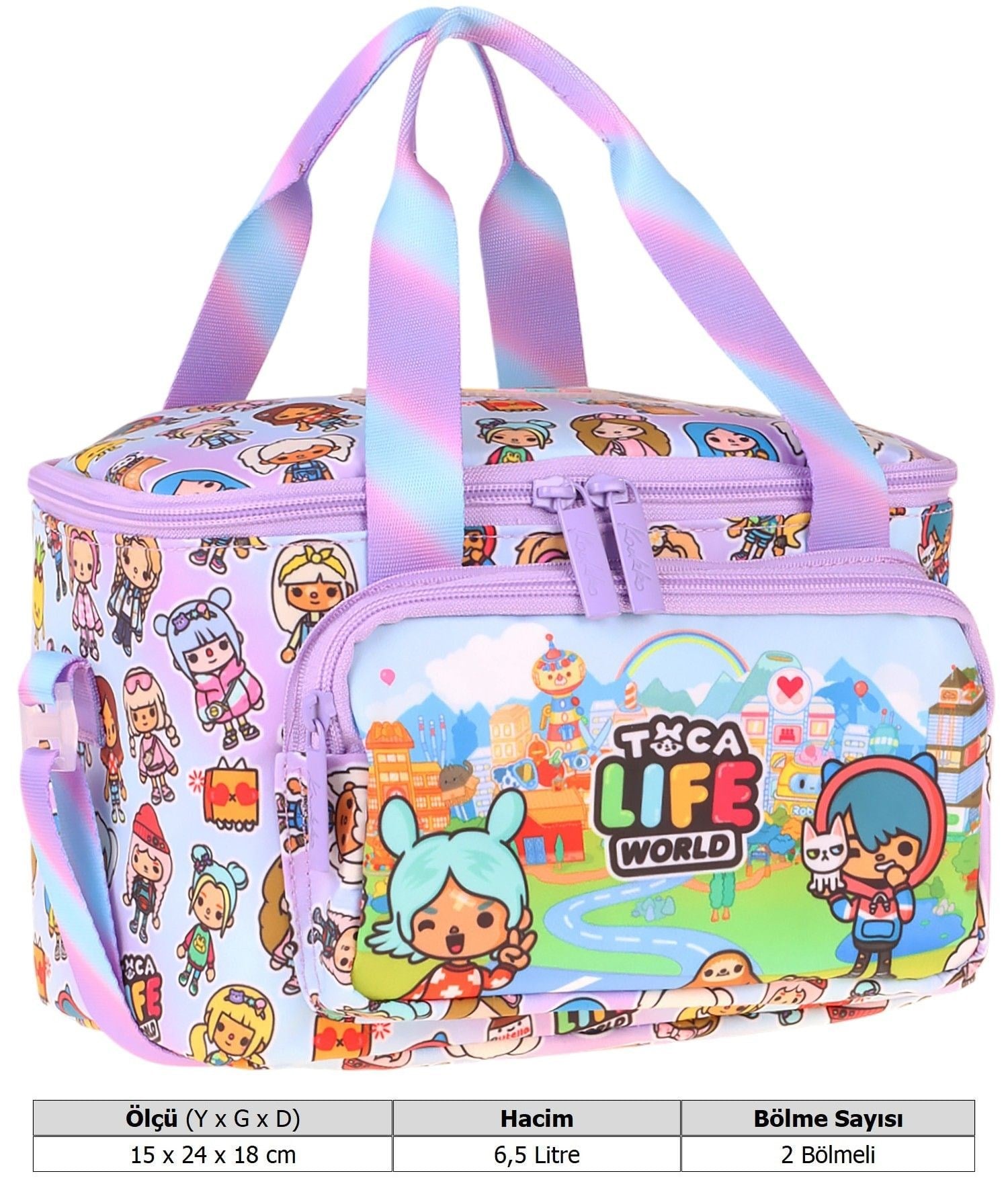 Kaukko Kids İki Bölmeli Thermo Okul Beslenme Çantası - Toca Life Baskılı Lila - Turkuaz Renk (Kız Çocuk) - L5339