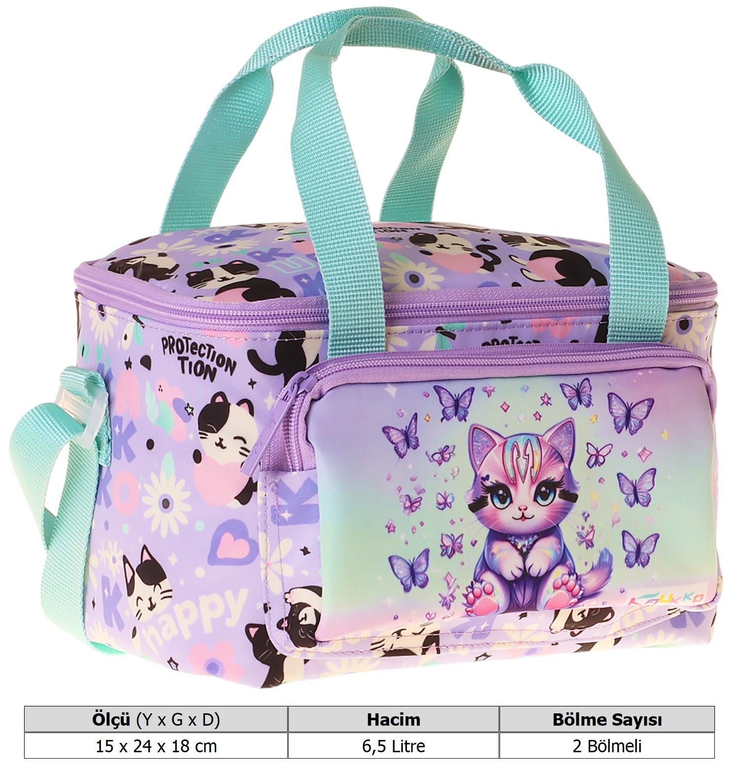 Kaukko Kids İki Bölmeli Thermo Okul Beslenme Çantası - Mor Kedi Desenli Yeşil - Mor Renk (Kız Çocuk) - L5289